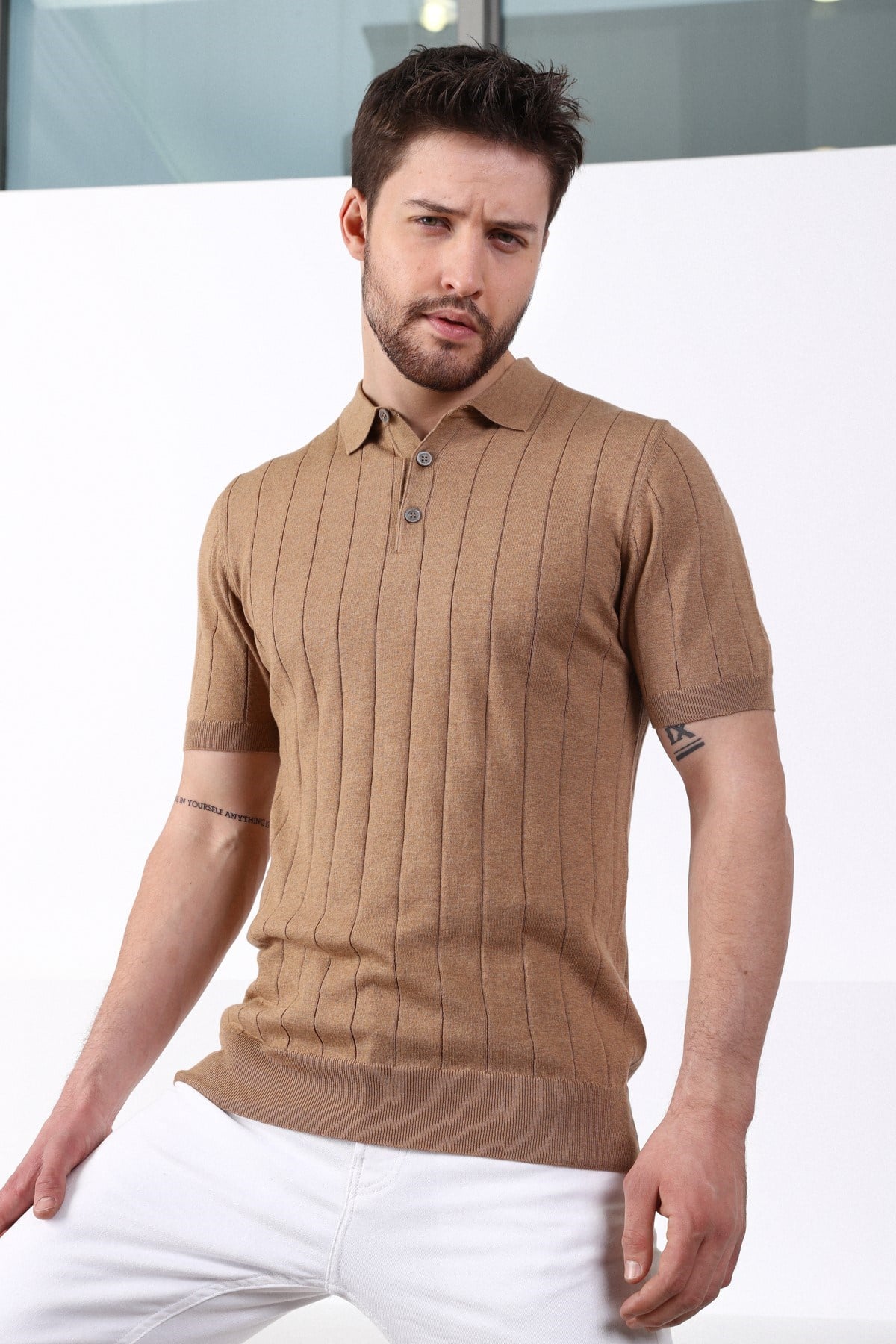 Ferraro Camel Polo Yaka Fitilli Erkek Pamuk Triko T-Shirt