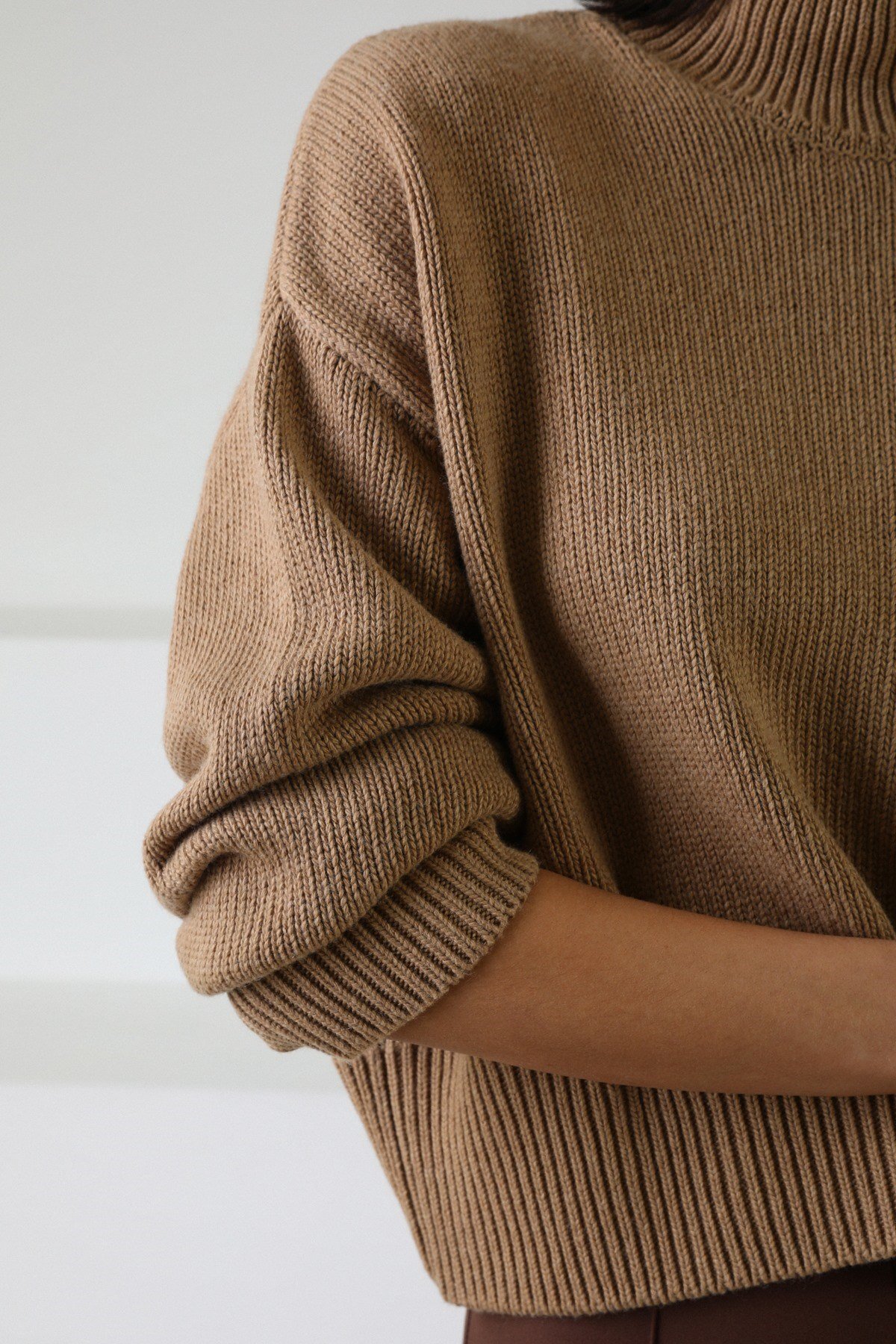 Ferraro Camel Uzun Kollu Balıkçı Yaka Kaşmirli Kadın Triko Kazak