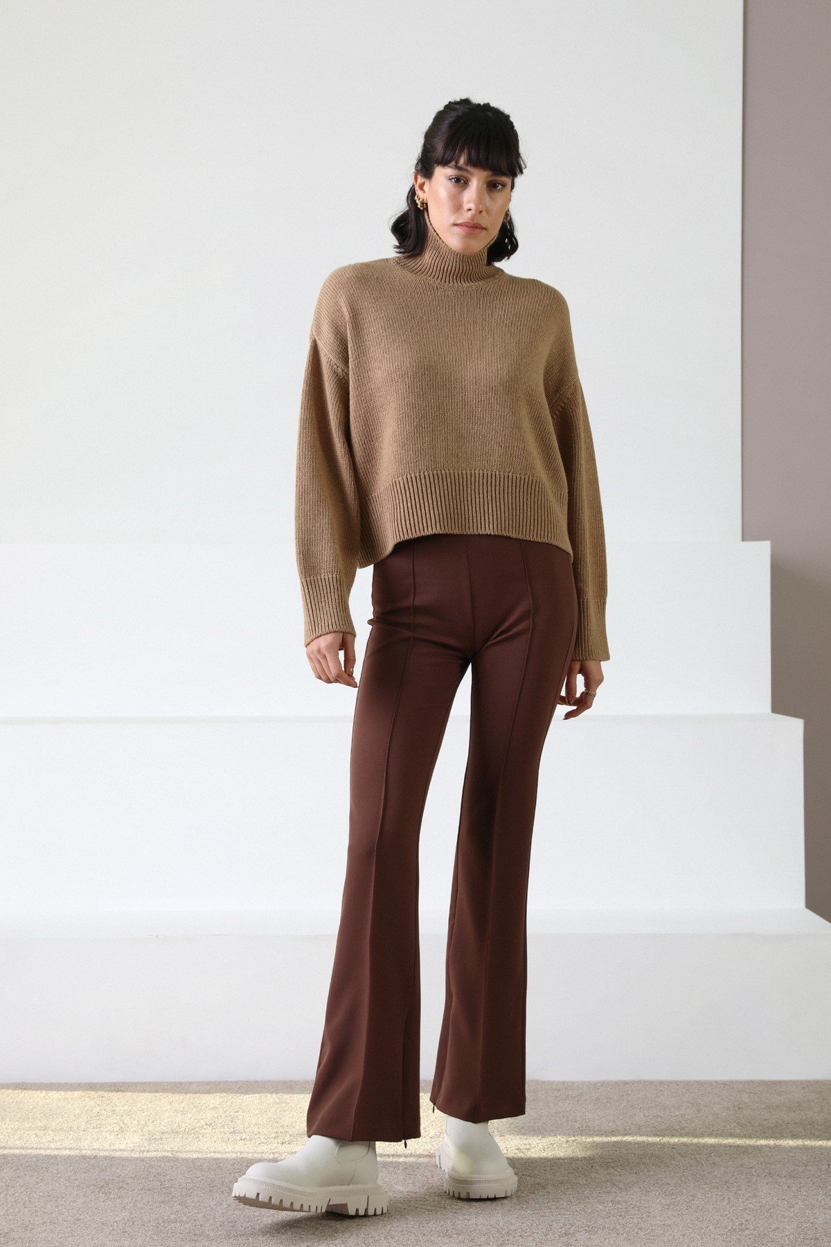 Ferraro Camel Uzun Kollu Balıkçı Yaka Kaşmirli Kadın Triko Kazak