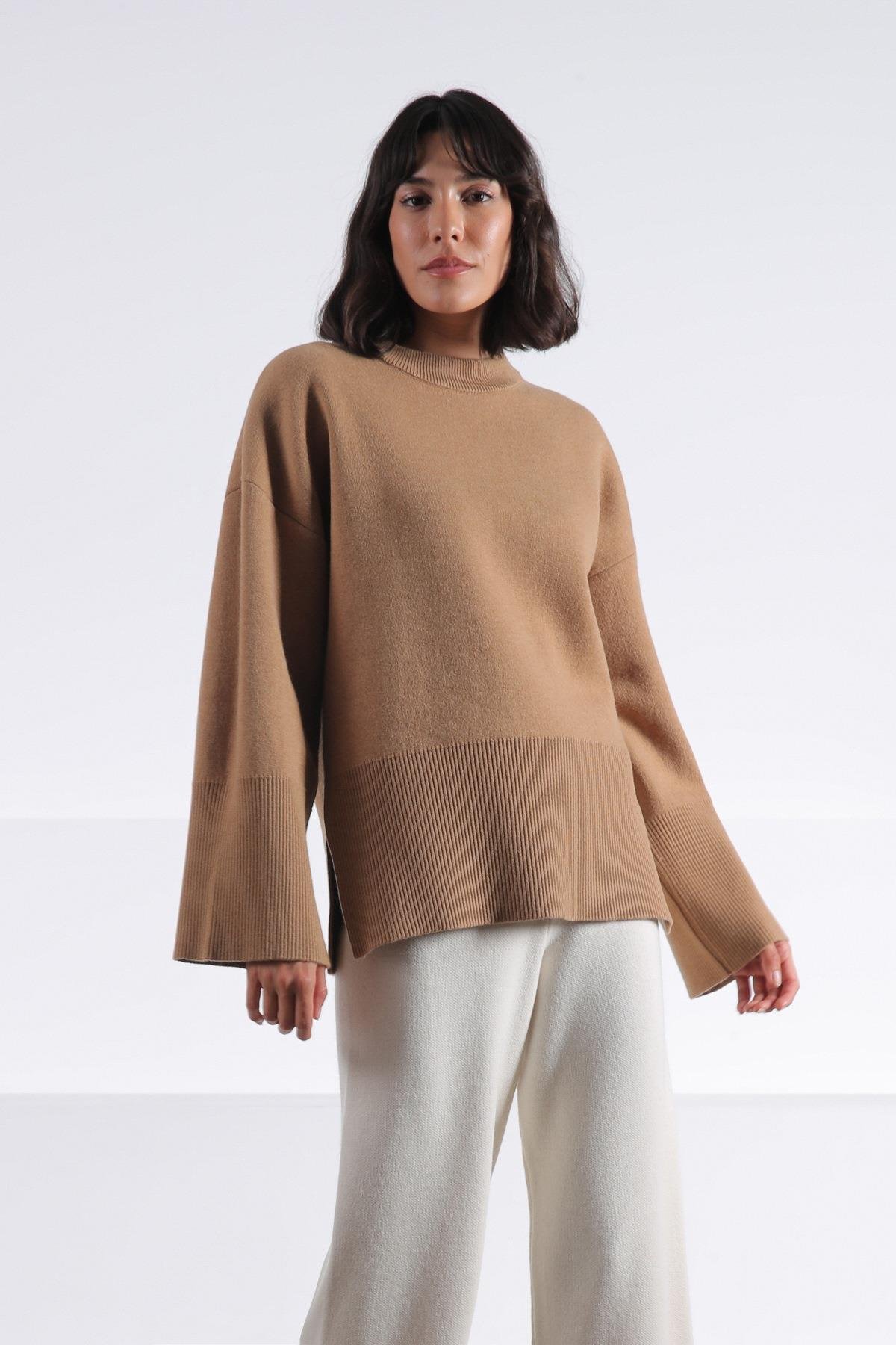 Ferraro Camel Uzun Kollu Bisiklet Yaka Kaşmirli Kadın Triko Kazak