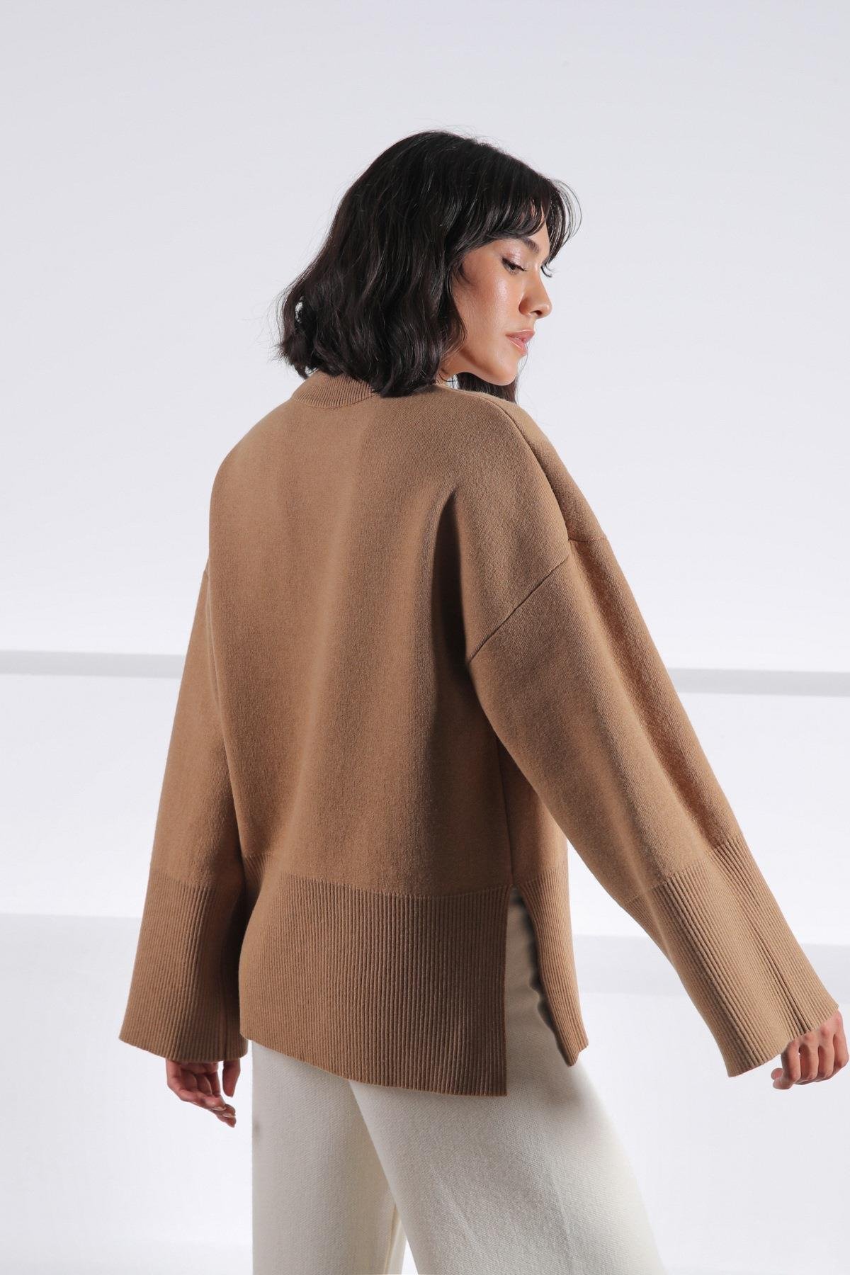 Ferraro Camel Uzun Kollu Bisiklet Yaka Kaşmirli Kadın Triko Kazak