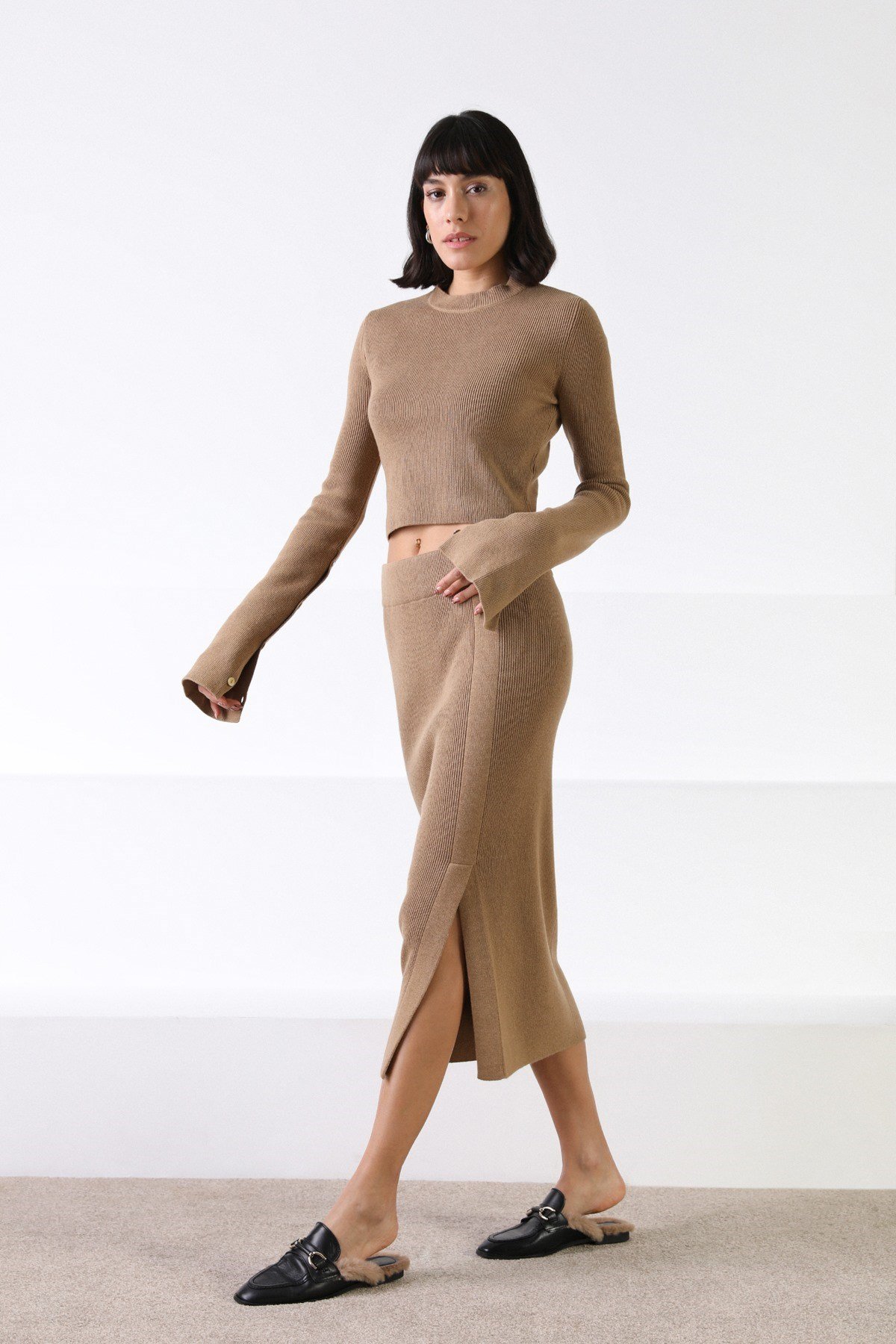 Ferraro Camel Uzun Kollu Bisiklet Yaka Kaşmirli Kadın Triko Kazak