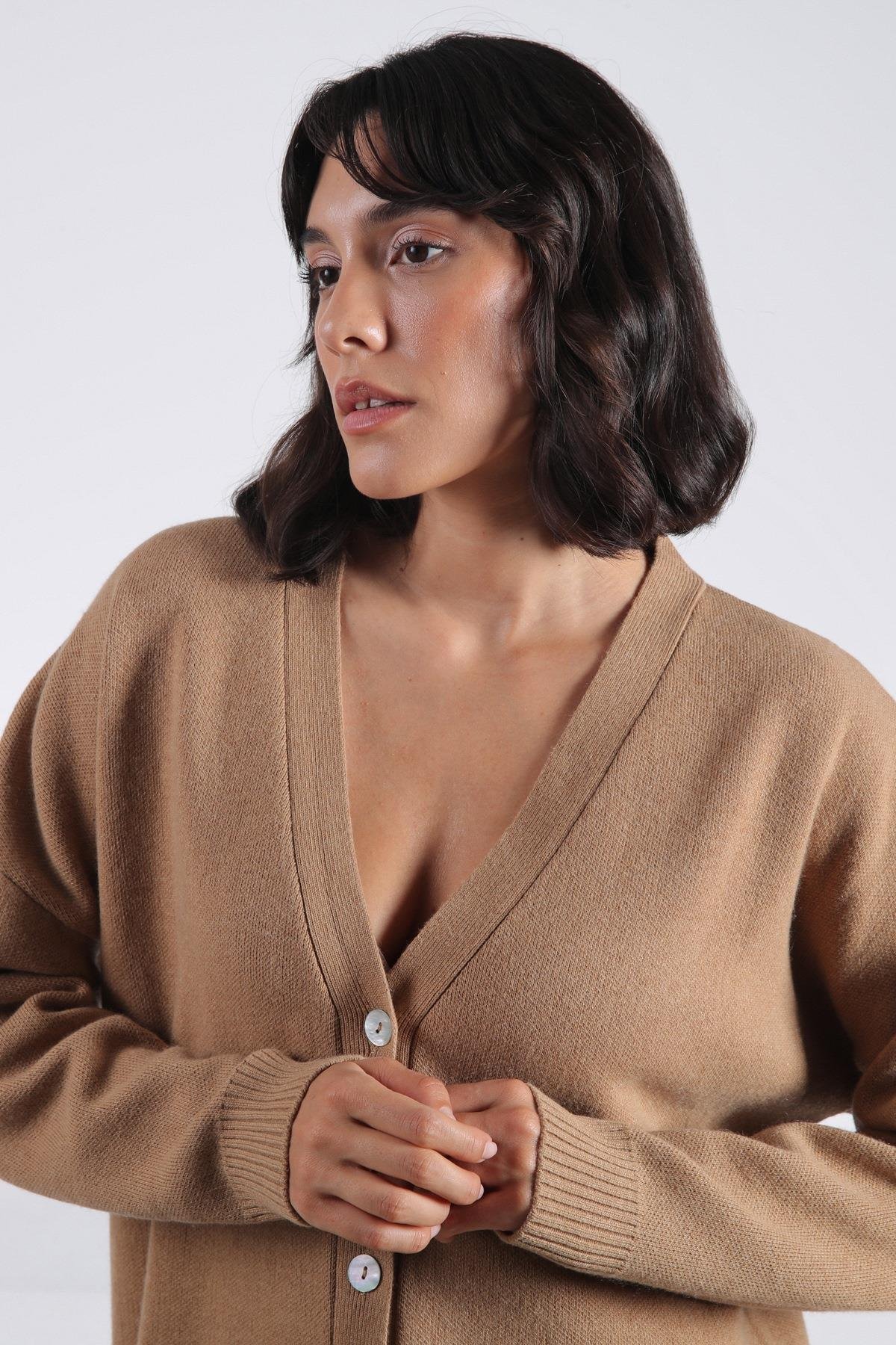 Ferraro Camel Uzun Kollu Ceket Yaka Kaşmirli Kadın Triko Ceket
