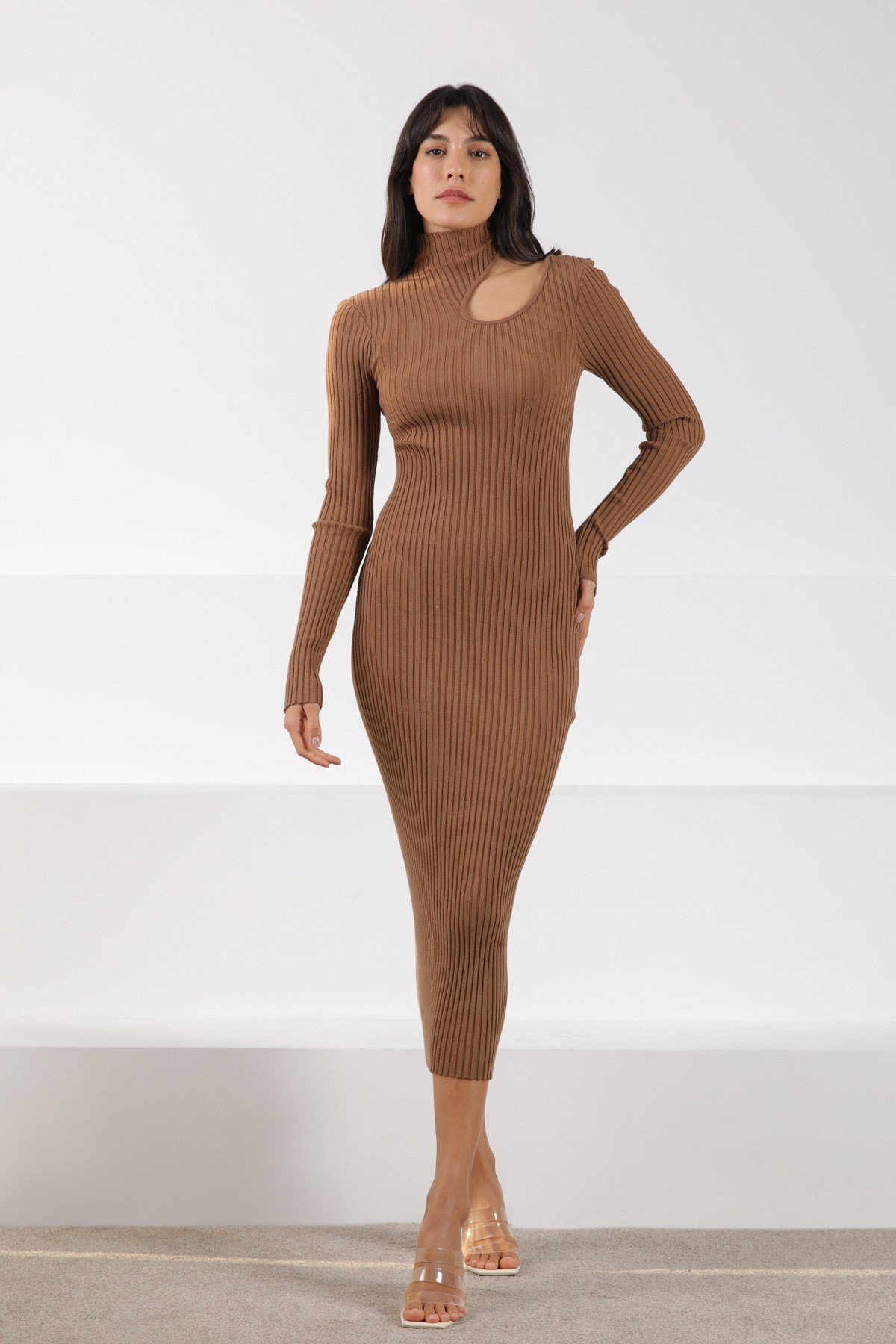 Ferraro Camel Uzun Kollu Kadın Triko Elbise