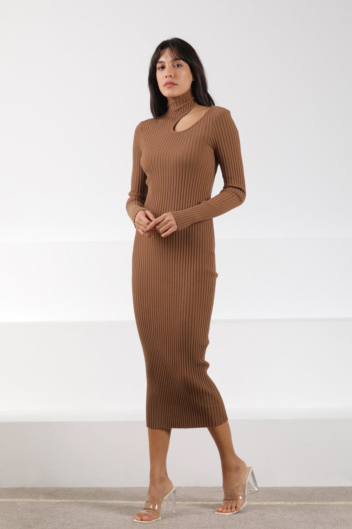 Ferraro Camel Uzun Kollu Kadın Triko Elbise
