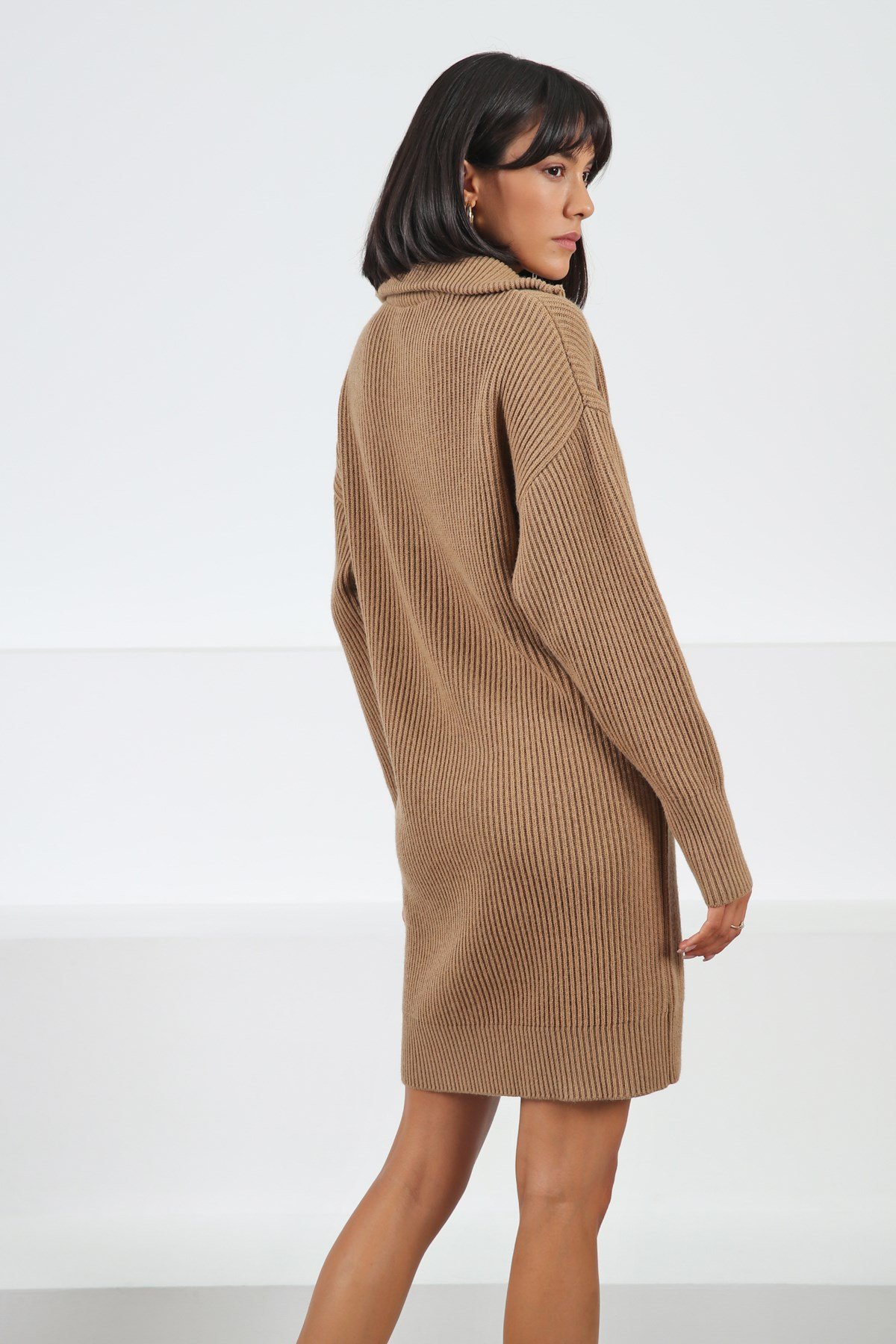 Ferraro Camel Uzun Kollu Kaşmirli Kadın Triko Elbise