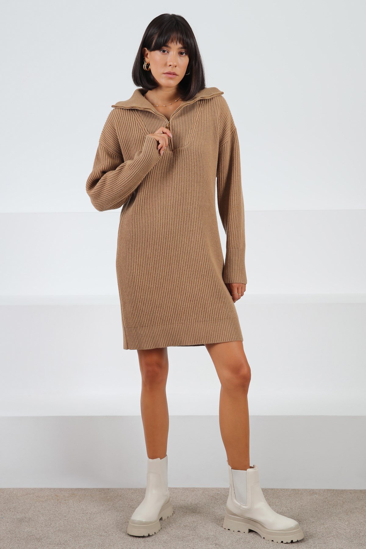 Ferraro Camel Uzun Kollu Kaşmirli Kadın Triko Elbise