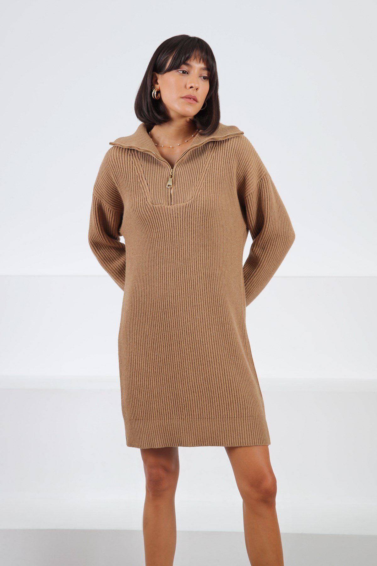 Ferraro Camel Uzun Kollu Kaşmirli Kadın Triko Elbise