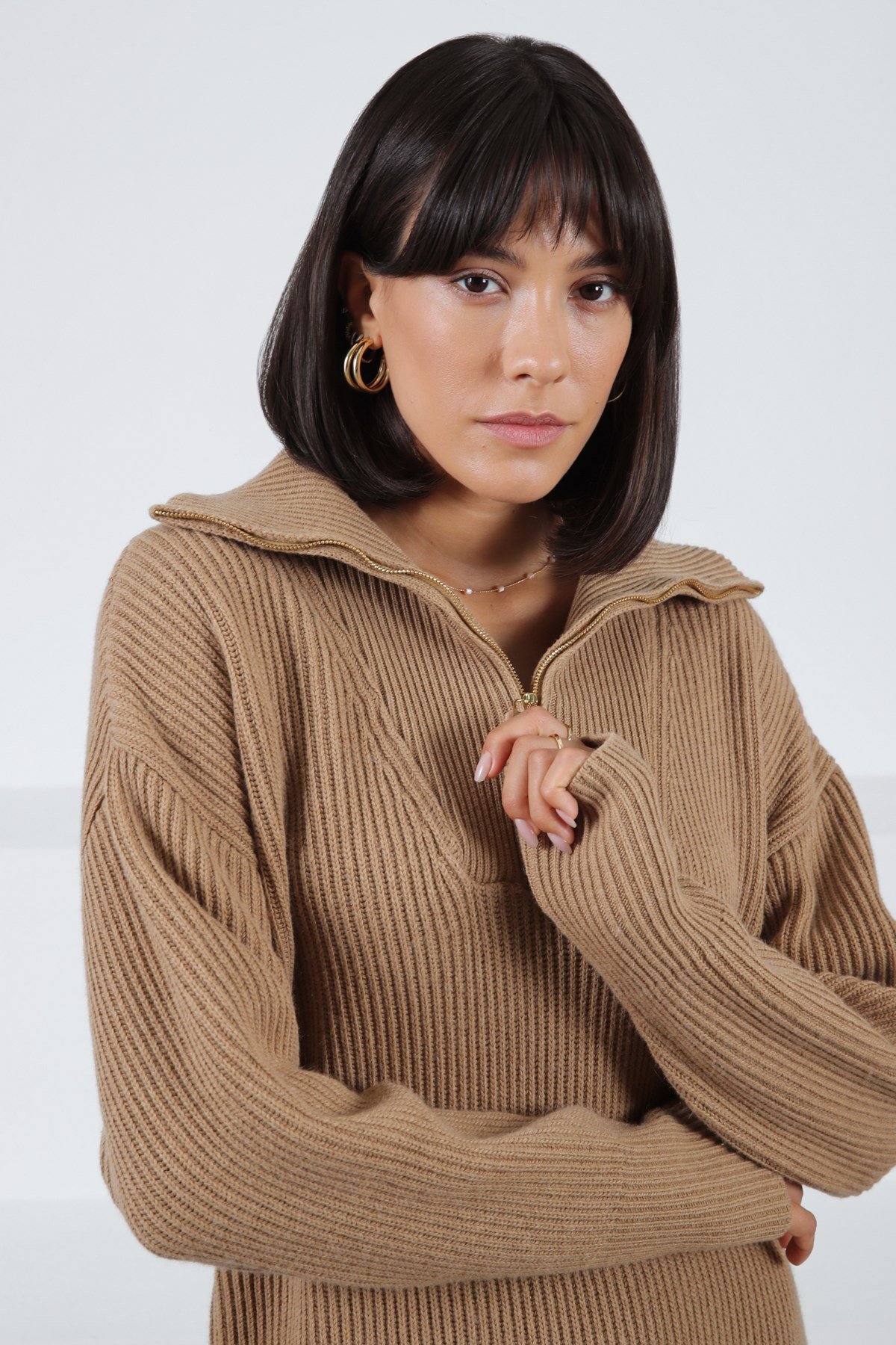 Ferraro Camel Uzun Kollu Kaşmirli Kadın Triko Elbise