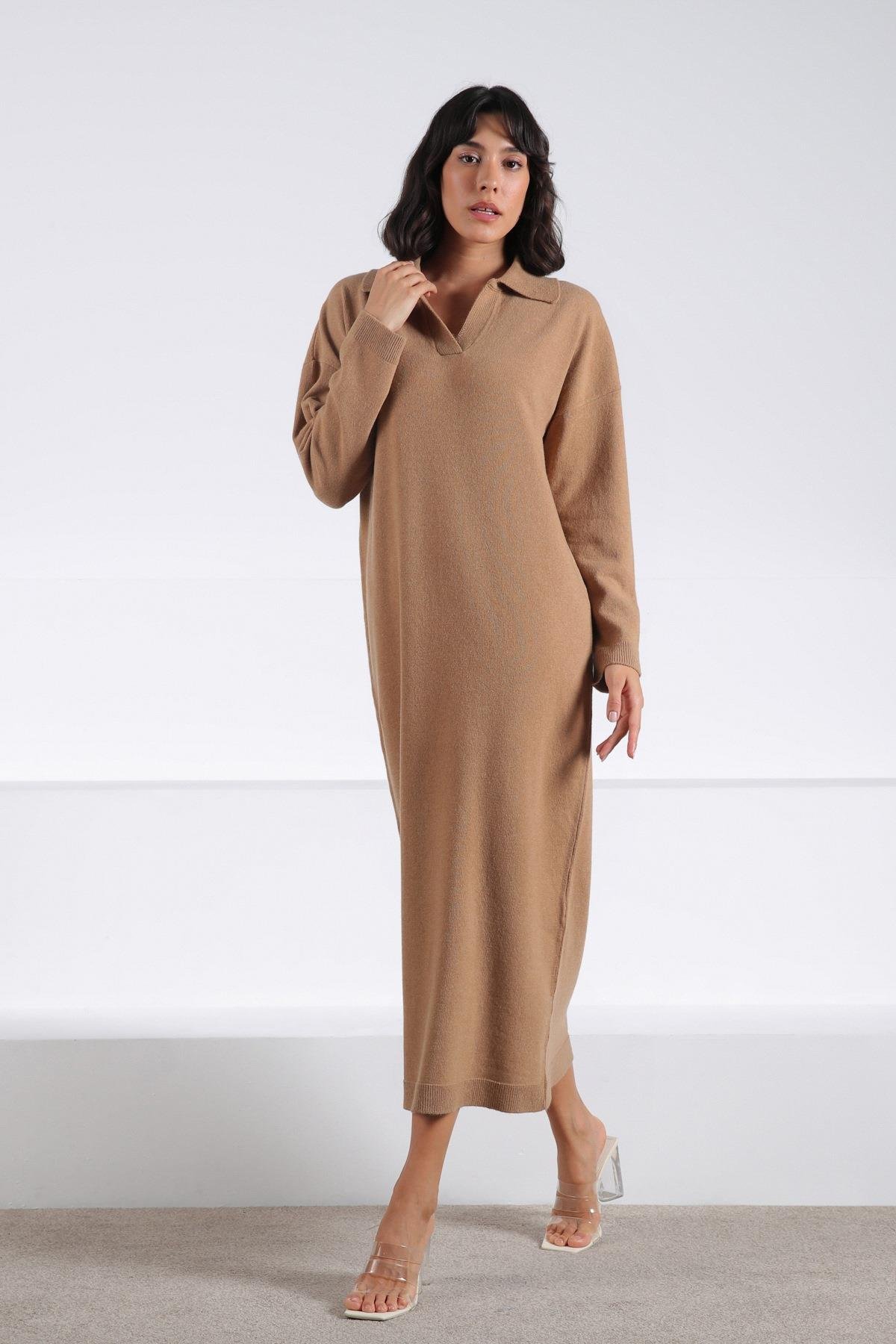 Ferraro Camel Uzun Kollu Polo Yaka Kadın Triko Elbise