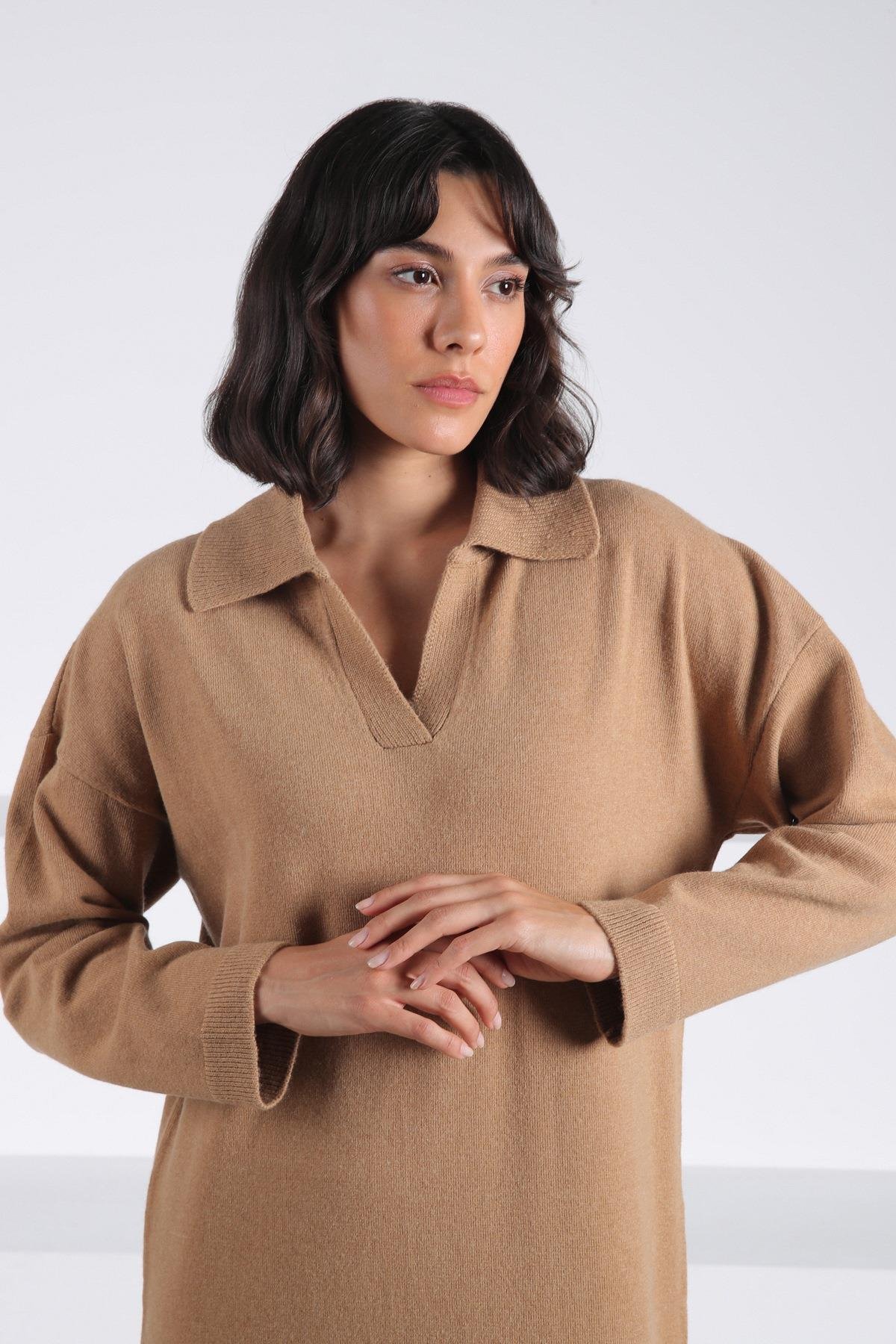 Ferraro Camel Uzun Kollu Polo Yaka Kadın Triko Elbise