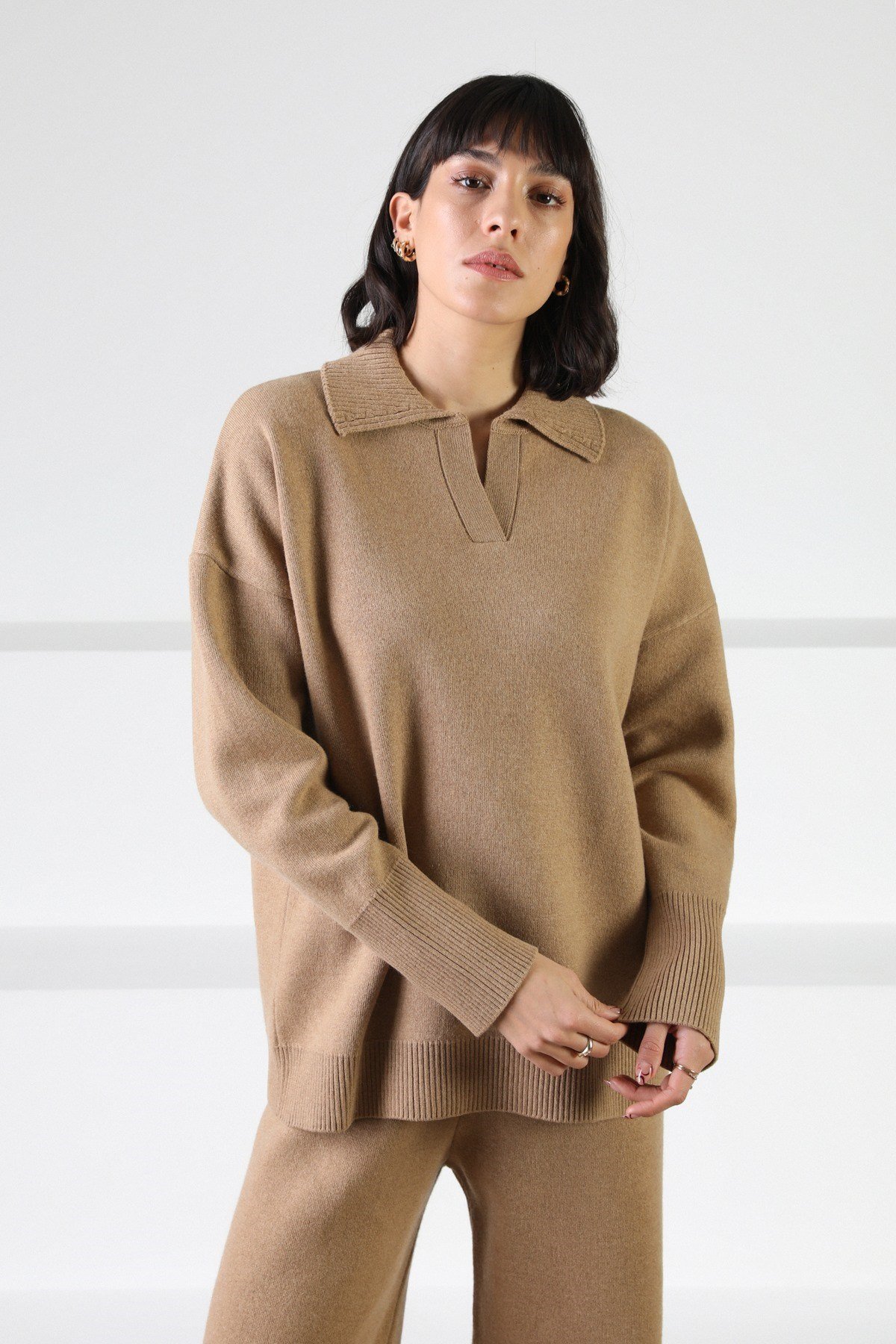 Ferraro Camel Uzun Kollu Polo Yaka Kaşmirli Kadın Triko Kazak