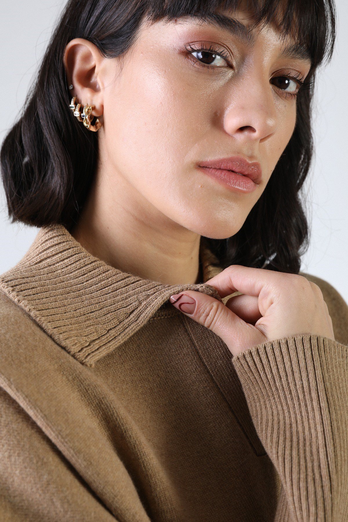 Ferraro Camel Uzun Kollu Polo Yaka Kaşmirli Kadın Triko Kazak