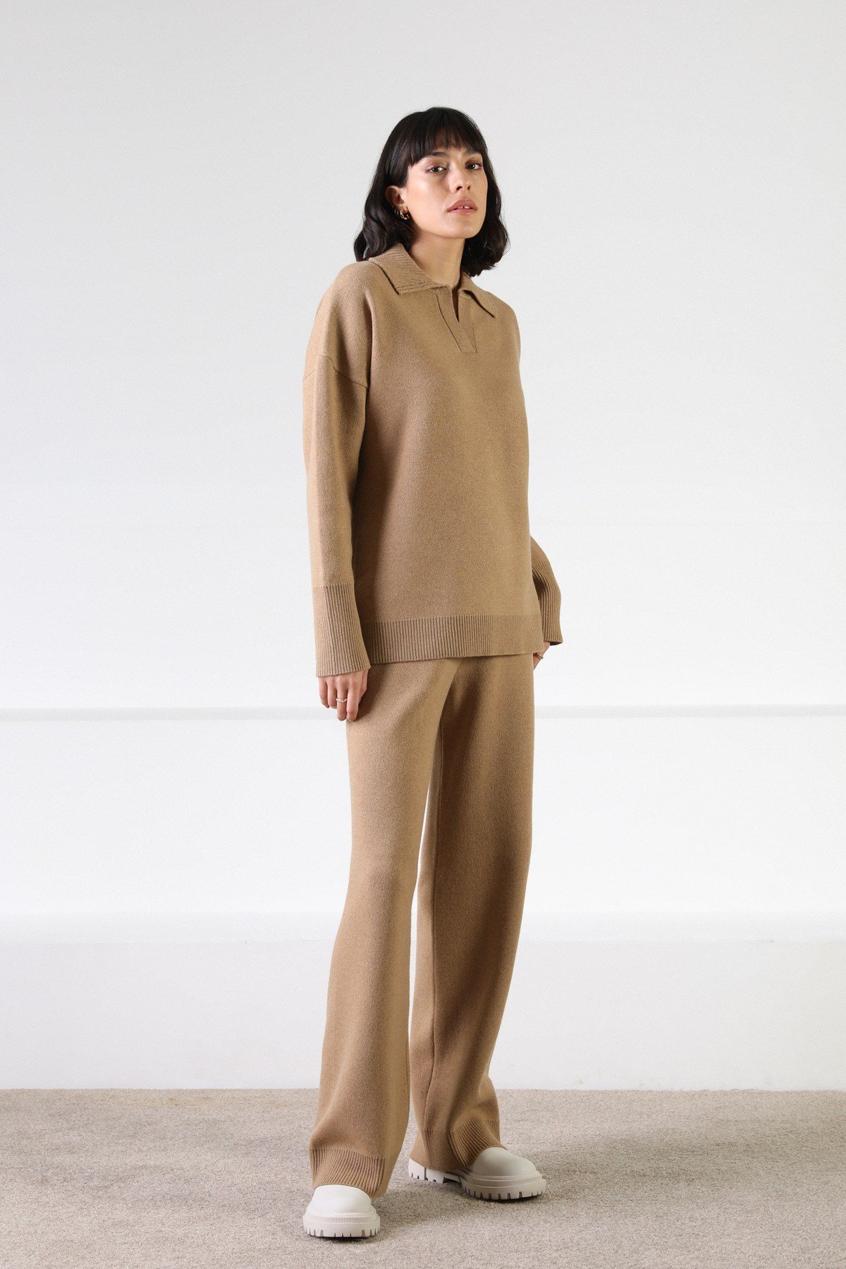 Ferraro Camel Uzun Kollu Polo Yaka Kaşmirli Kadın Triko Kazak