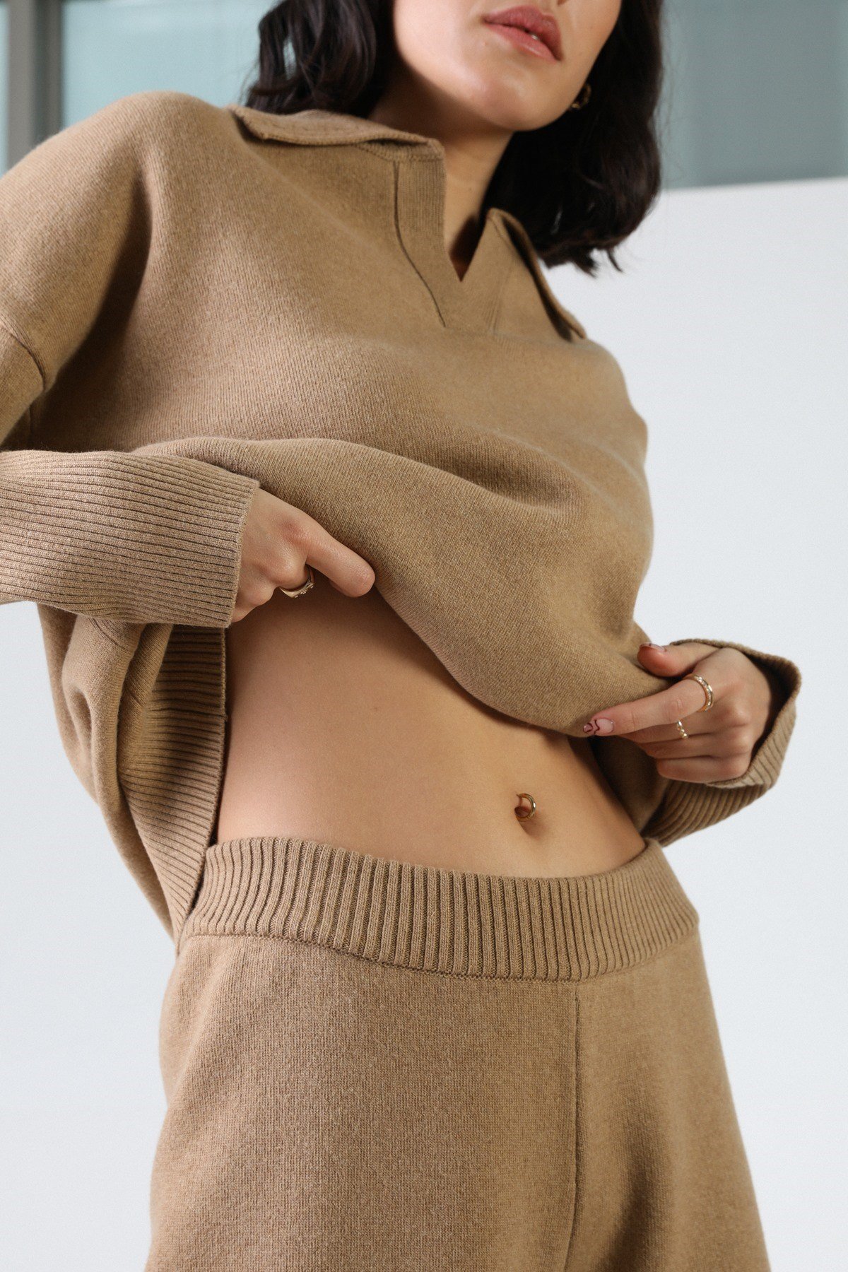 Ferraro Camel Uzun Kollu Polo Yaka Kaşmirli Kadın Triko Kazak