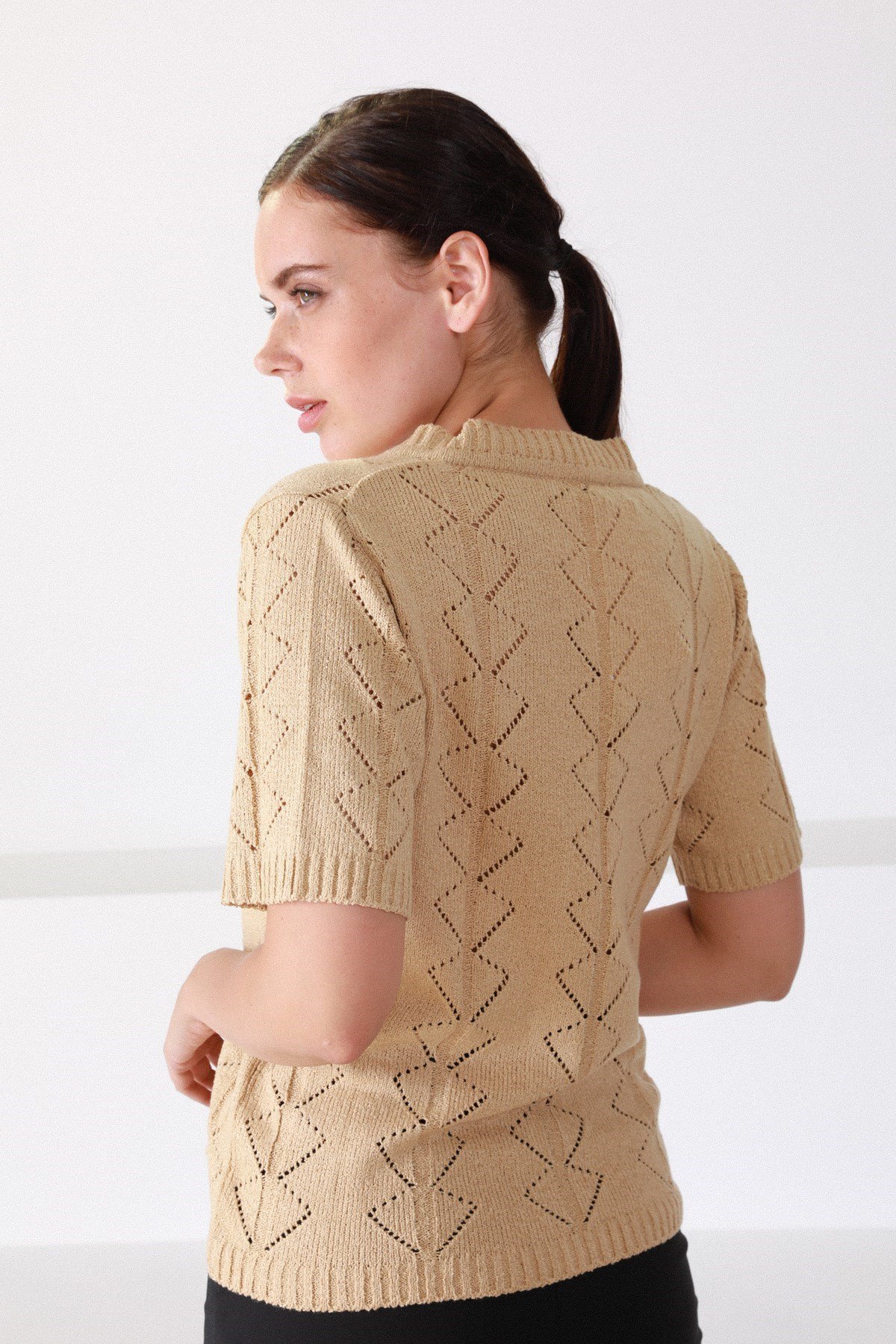 Ferraro Camel V Yaka Düğmeli Kadın Triko Hırka