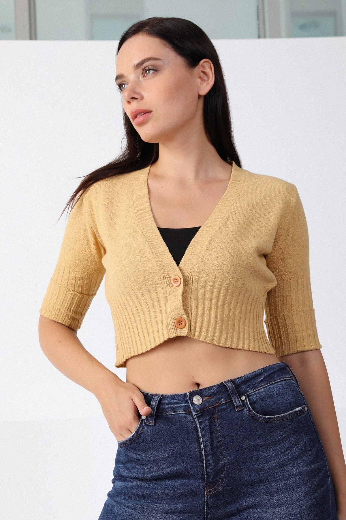 Ferraro Camel V Yaka İki Düğme Kadın Triko Büstiyer