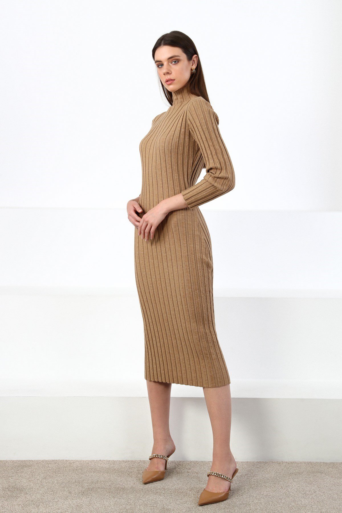 Ferraro Camel Yarım Balıkçı Fitilli Midi Boy Kaşmirli Kadın Triko Elbise