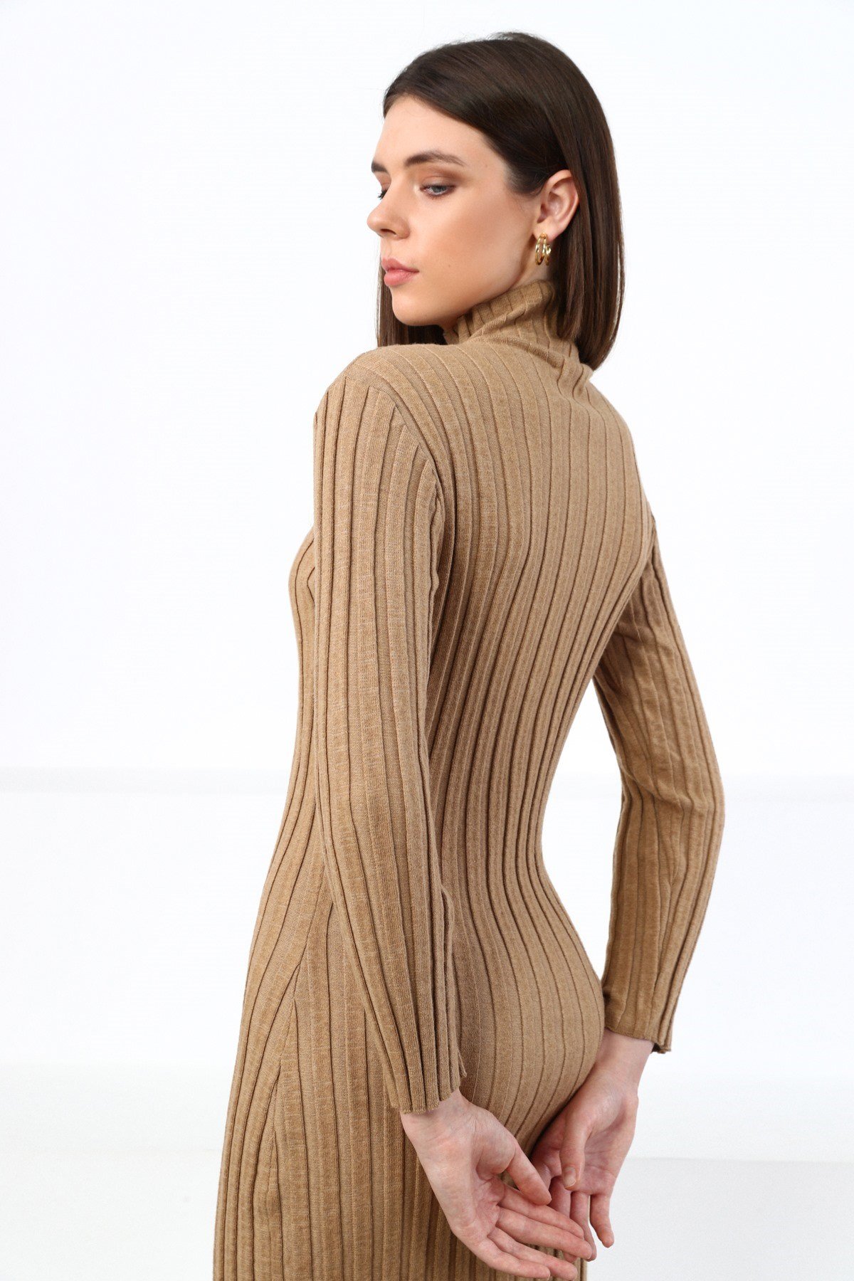 Ferraro Camel Yarım Balıkçı Fitilli Midi Boy Kaşmirli Kadın Triko Elbise