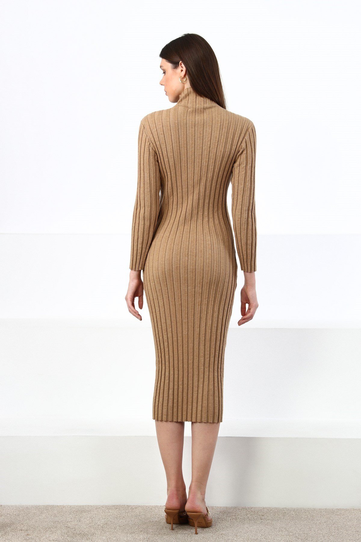 Ferraro Camel Yarım Balıkçı Fitilli Midi Boy Kaşmirli Kadın Triko Elbise