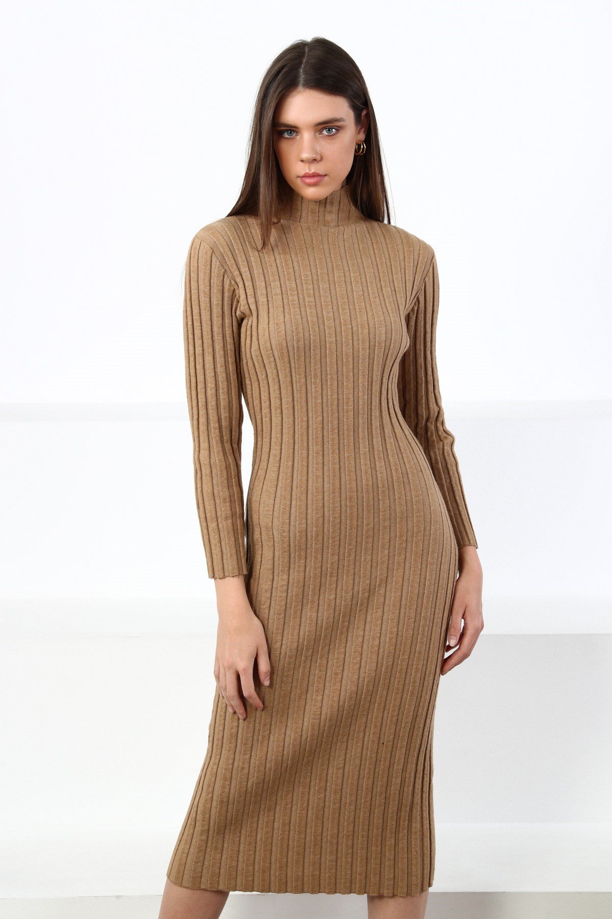 Ferraro Camel Yarım Balıkçı Fitilli Midi Boy Kaşmirli Kadın Triko Elbise