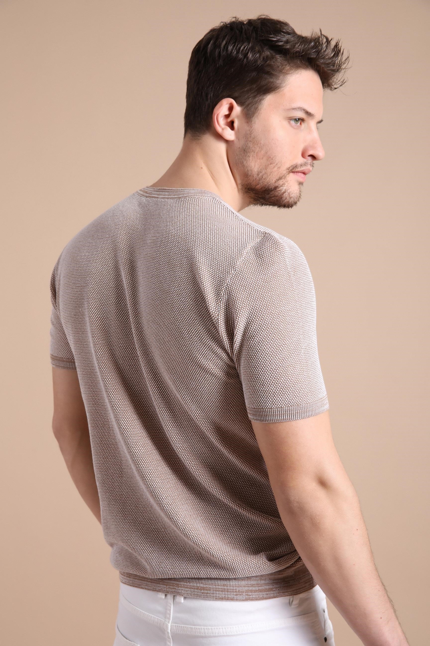 Ferraro Camel/Beyaz Kuşgözü Desenli Bisiklet Yaka Erkek Triko T-Shirt