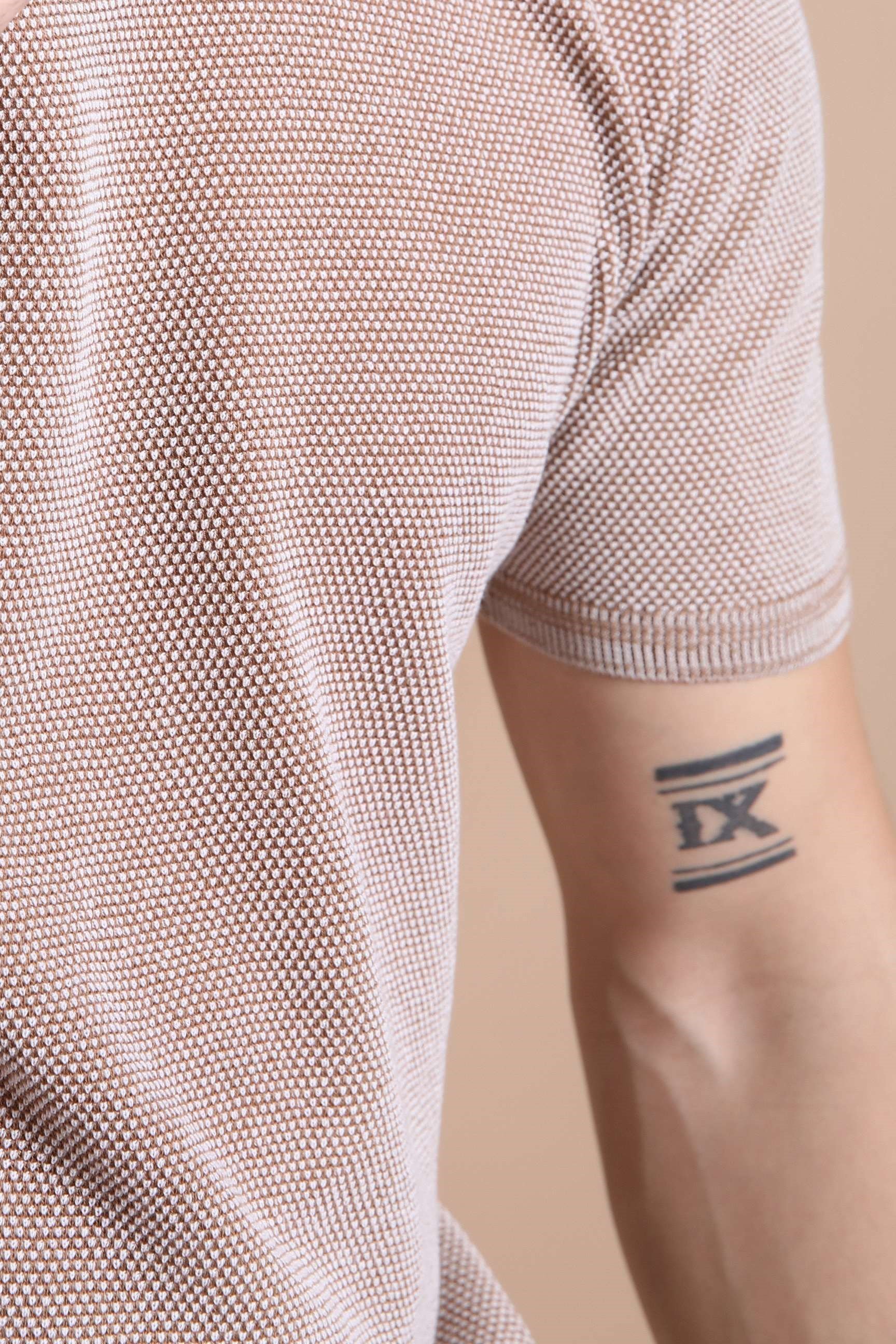 Ferraro Camel/Beyaz Kuşgözü Desenli Bisiklet Yaka Erkek Triko T-Shirt