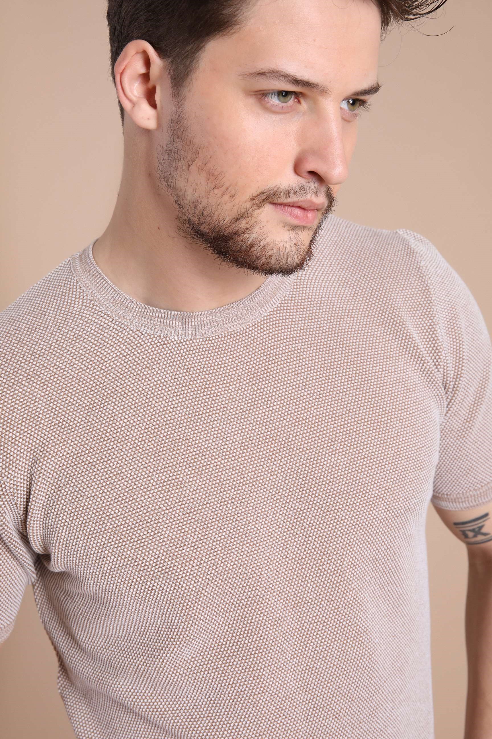 Ferraro Camel/Beyaz Kuşgözü Desenli Bisiklet Yaka Erkek Triko T-Shirt