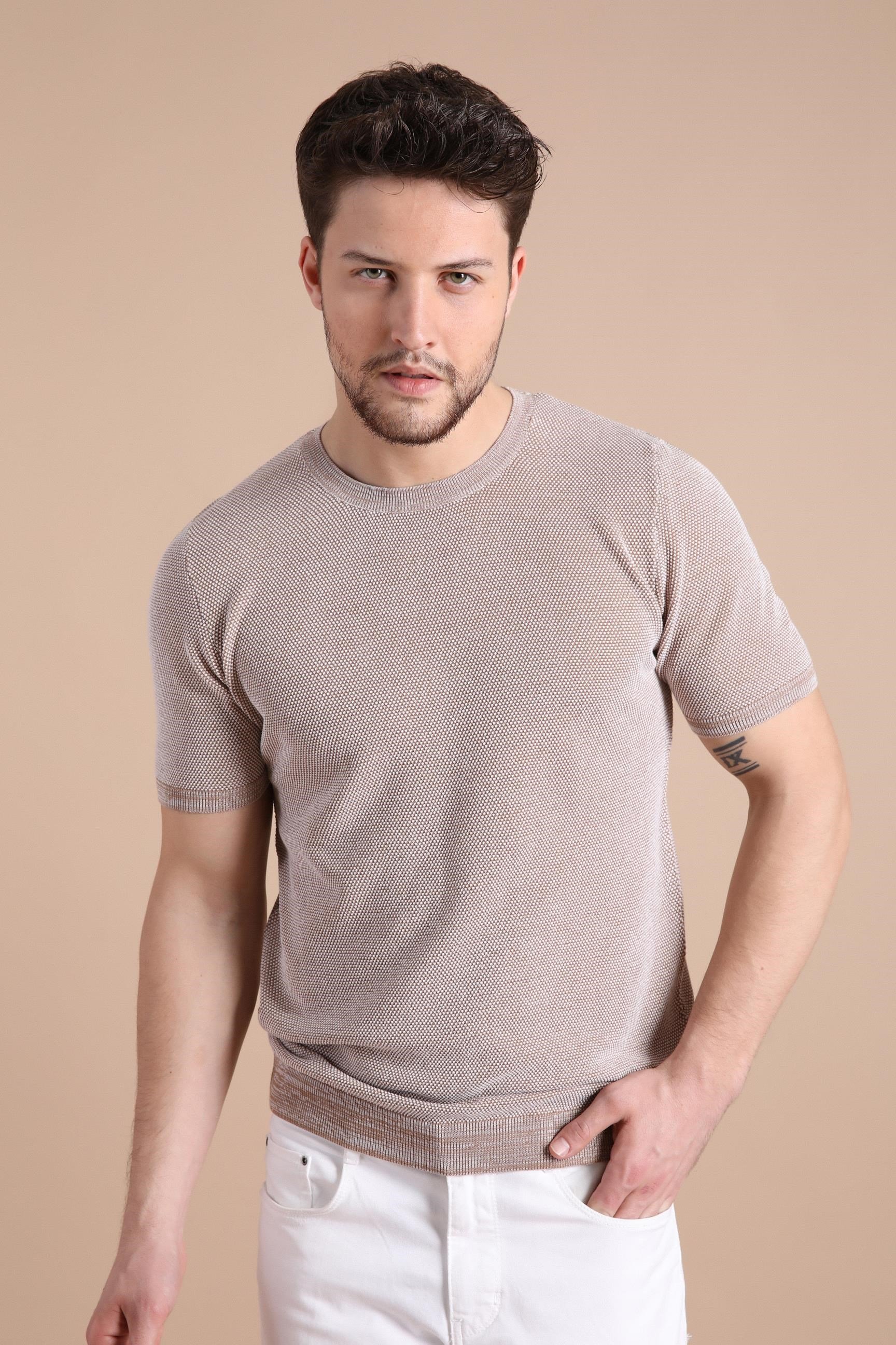 Ferraro Camel/Beyaz Kuşgözü Desenli Bisiklet Yaka Erkek Triko T-Shirt