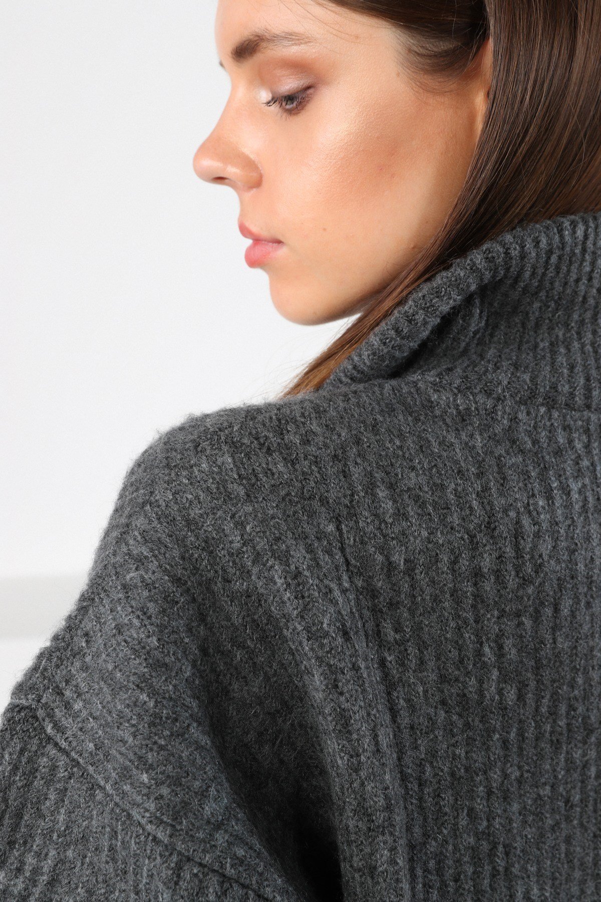 Ferraro Dark Grey Melange Fermuarlı Yarım Balıkçı Yaka Kadın Triko Kazak