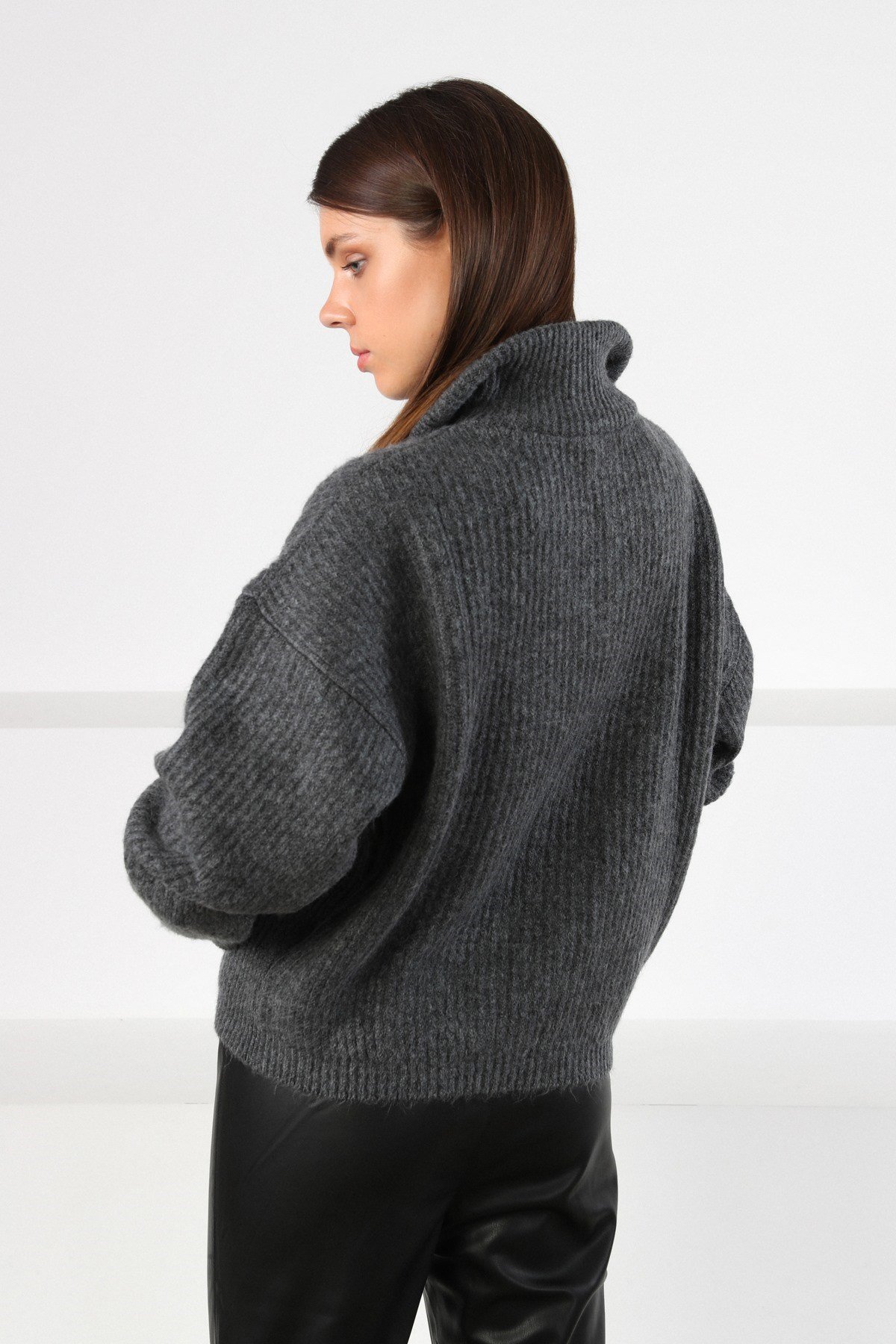 Ferraro Dark Grey Melange Fermuarlı Yarım Balıkçı Yaka Kadın Triko Kazak