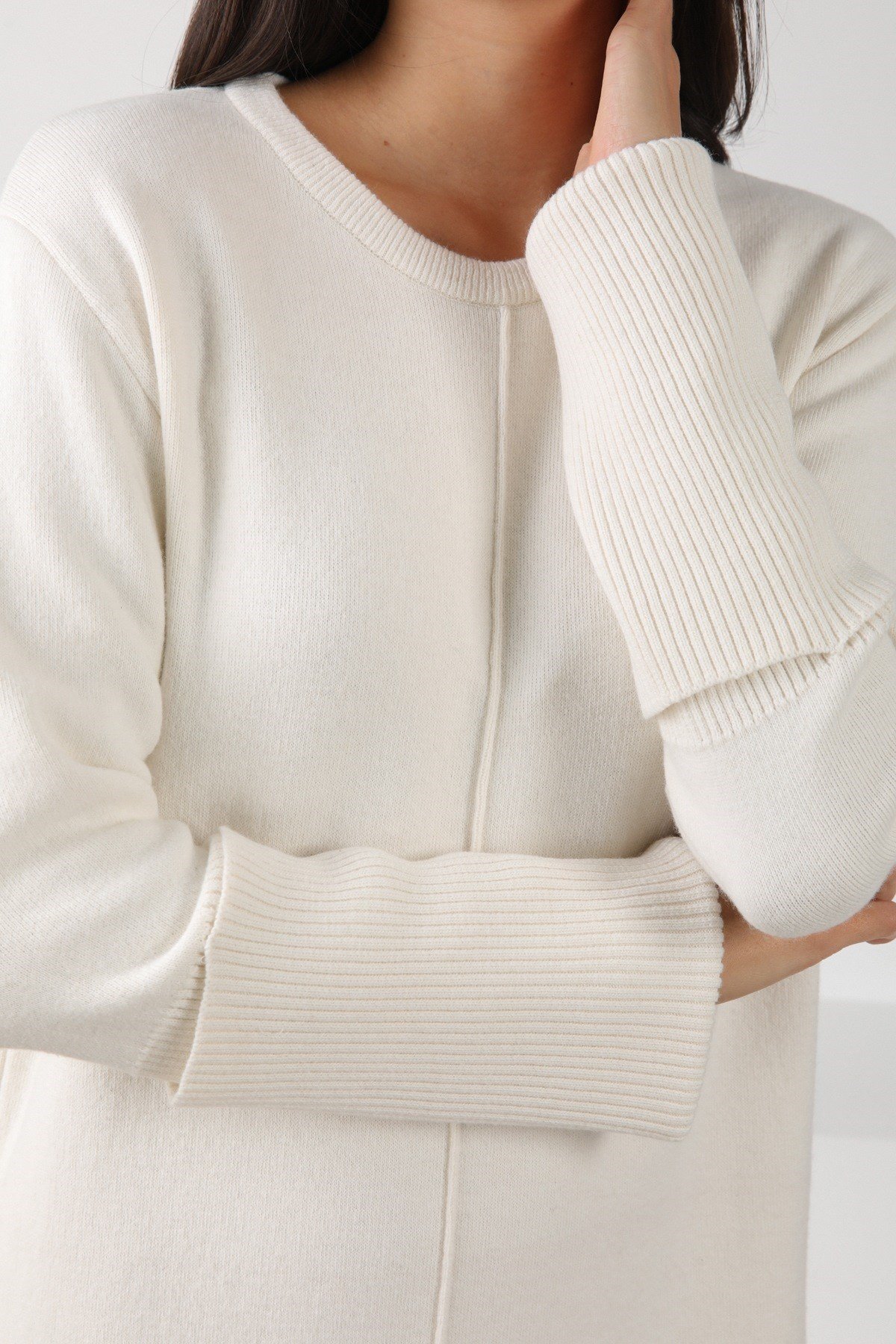 Ferraro Ekru Arkadan Yırtmaçlı Midi Boy Kaşmirli Kadın Triko Elbise