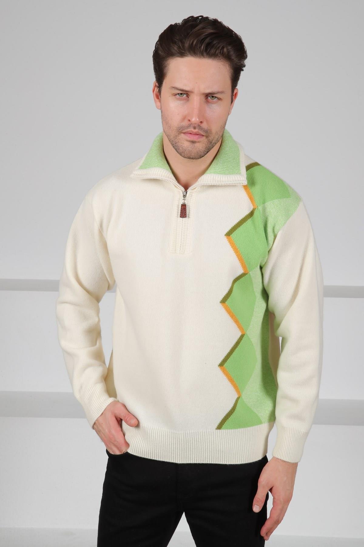 Ferraro Ekru Balıkçı Yaka Fermuarlı Asimetrik Desenli Uzun Kollu %100 Kuzu Yünü Erkek Triko Kazak