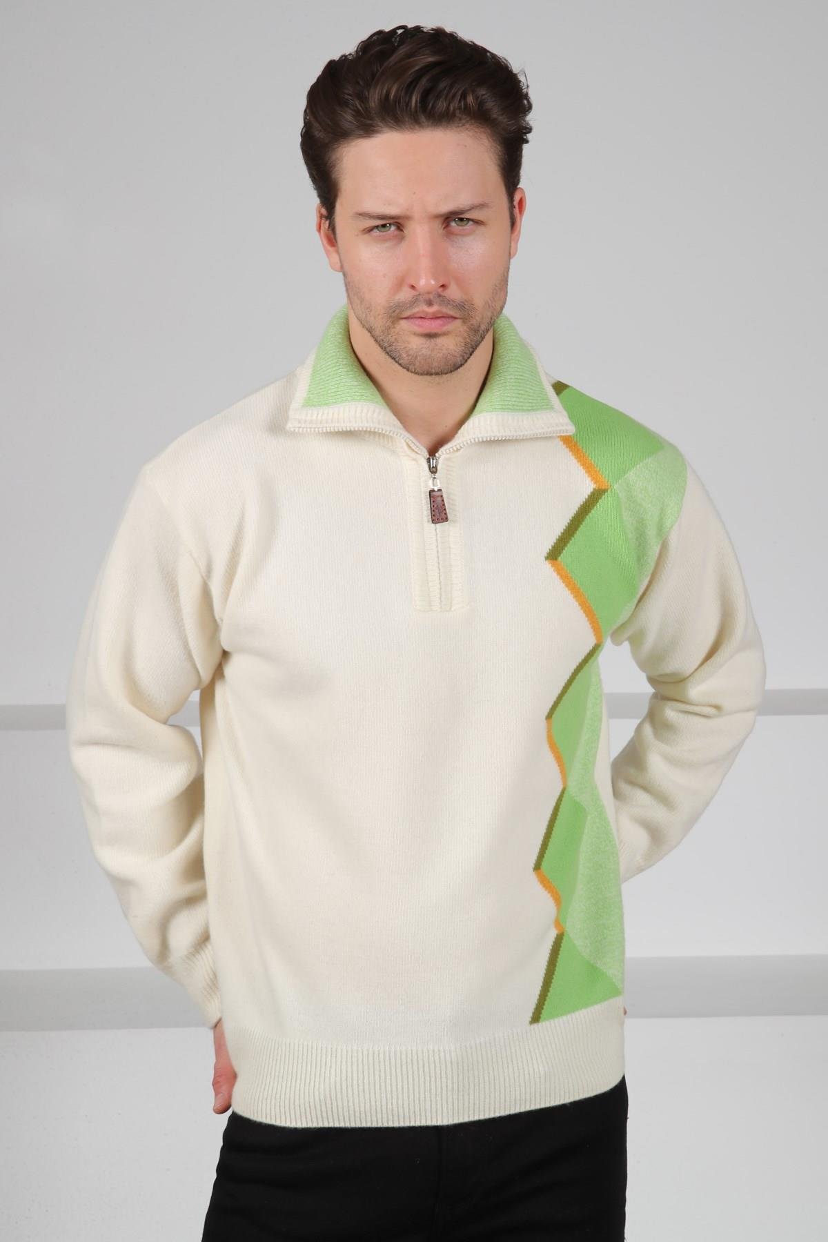 Ferraro Ekru Balıkçı Yaka Fermuarlı Asimetrik Desenli Uzun Kollu %100 Kuzu Yünü Erkek Triko Kazak