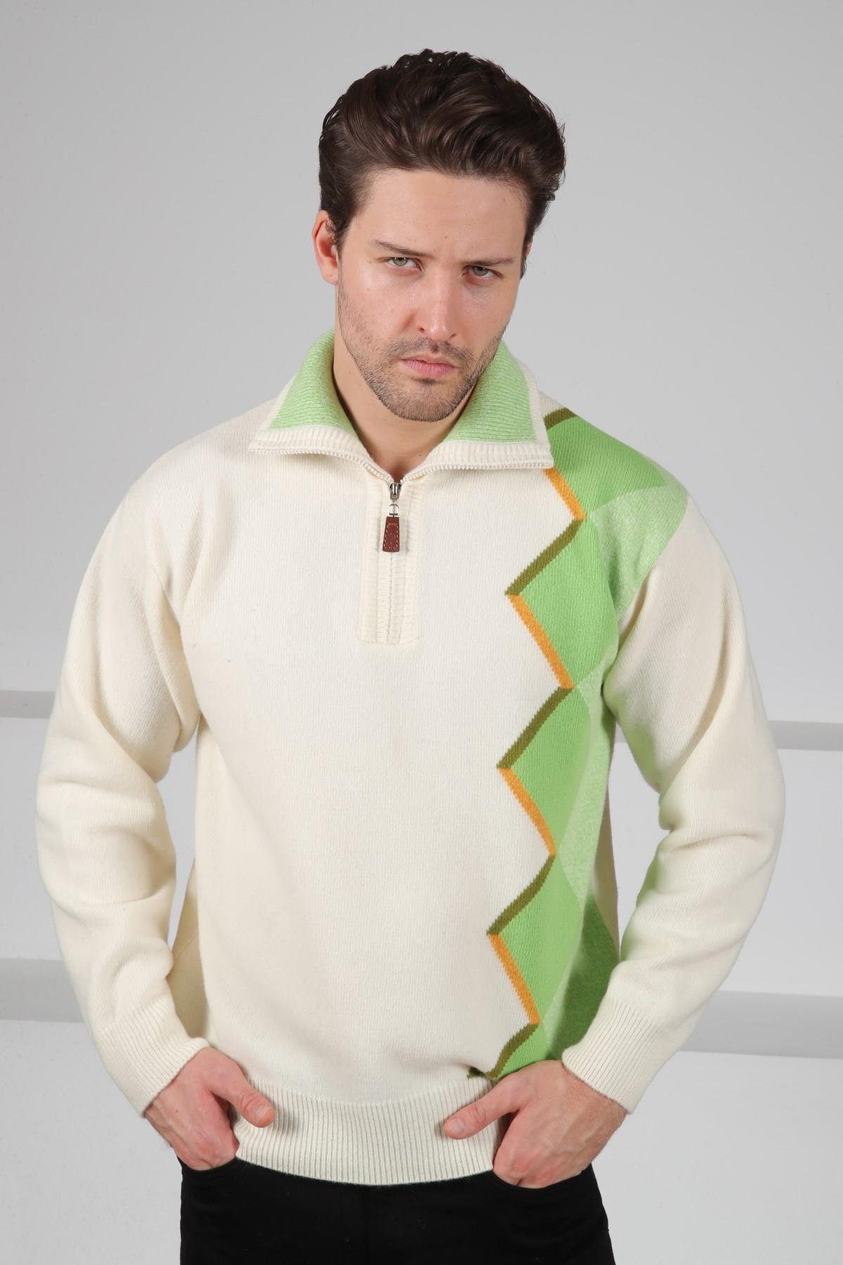 Ferraro Ekru Balıkçı Yaka Fermuarlı Asimetrik Desenli Uzun Kollu %100 Kuzu Yünü Erkek Triko Kazak