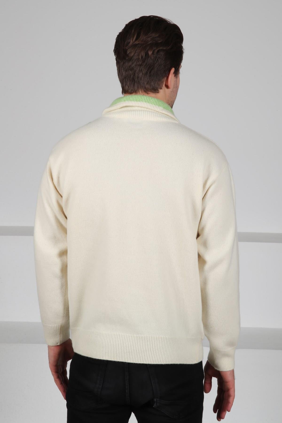 Ferraro Ekru Balıkçı Yaka Fermuarlı Asimetrik Desenli Uzun Kollu %100 Kuzu Yünü Erkek Triko Kazak