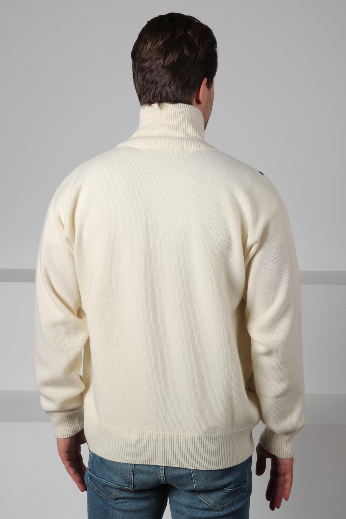 Ferraro Ekru Balıkçı Yaka Fermuarlı Cepsiz Yeşil Çizgi Detaylı Uzun Kollu %100 Kuzu Yünü Erkek Triko Ceket