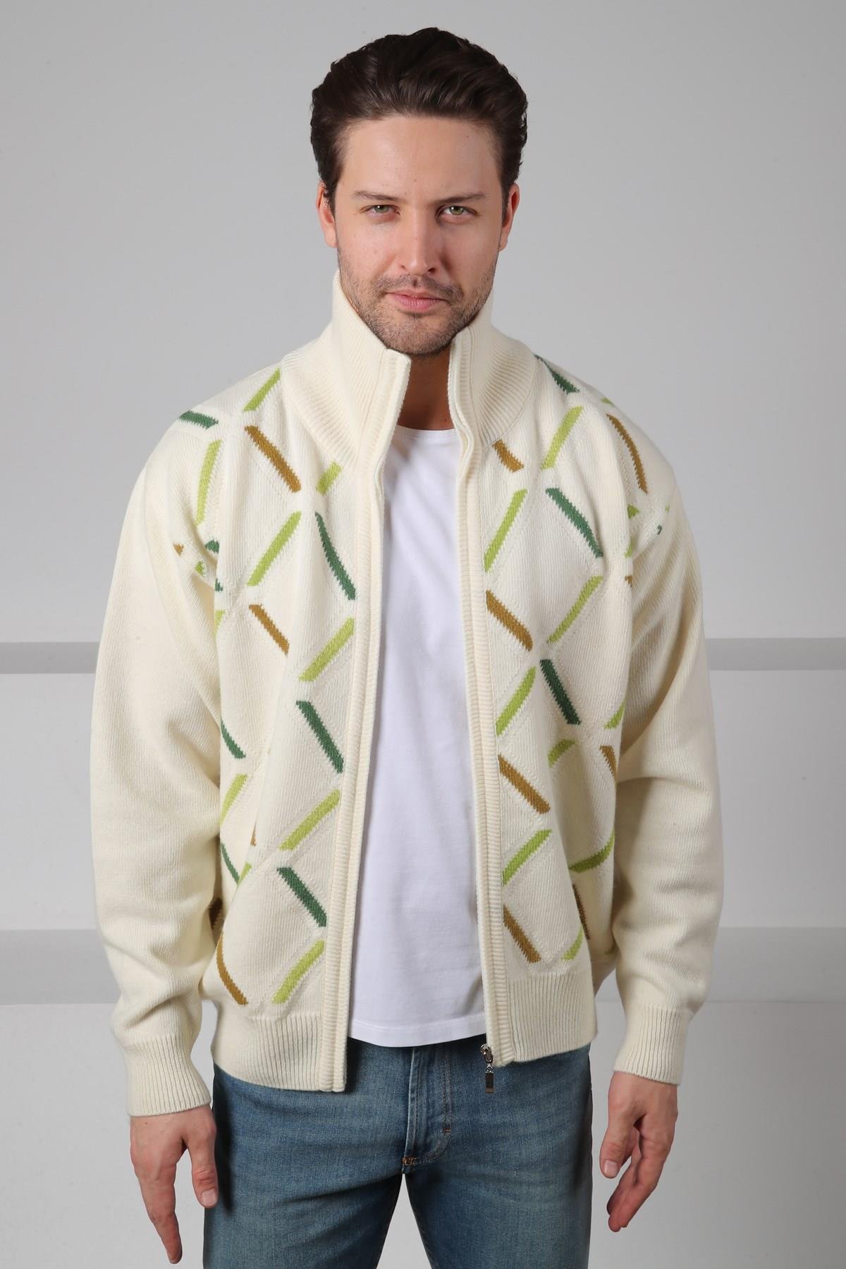 Ferraro Ekru Balıkçı Yaka Fermuarlı Cepsiz Yeşil Çizgi Detaylı Uzun Kollu %100 Kuzu Yünü Erkek Triko Ceket