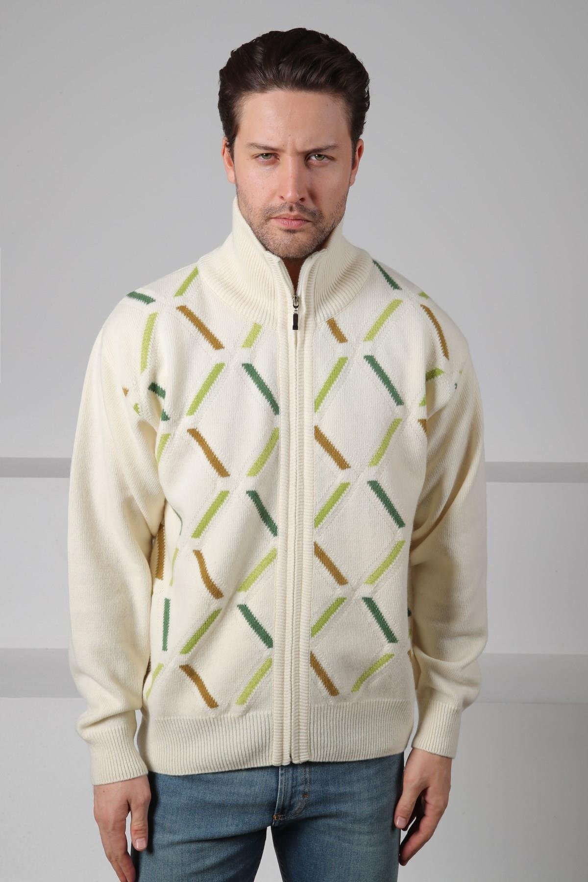 Ferraro Ekru Balıkçı Yaka Fermuarlı Cepsiz Yeşil Çizgi Detaylı Uzun Kollu %100 Kuzu Yünü Erkek Triko Ceket