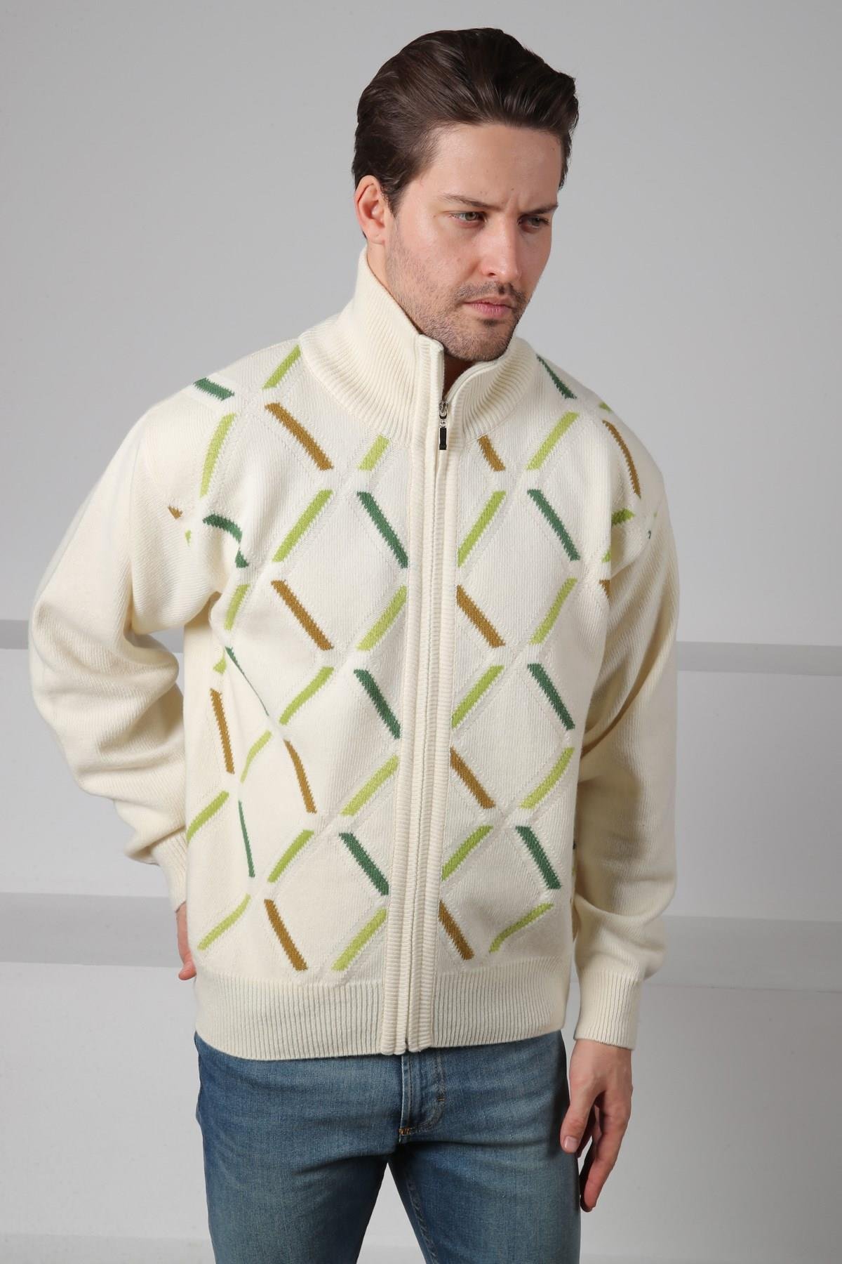 Ferraro Ekru Balıkçı Yaka Fermuarlı Cepsiz Yeşil Çizgi Detaylı Uzun Kollu %100 Kuzu Yünü Erkek Triko Ceket