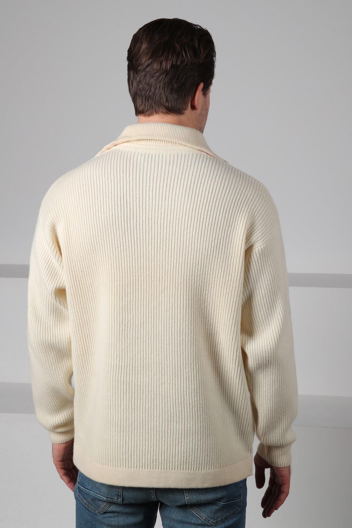 Ferraro Ekru Balıkçı Yaka Fermuarlı Fitilli Uzun Kollu %100 Kuzu Yünü Erkek Triko Kazak