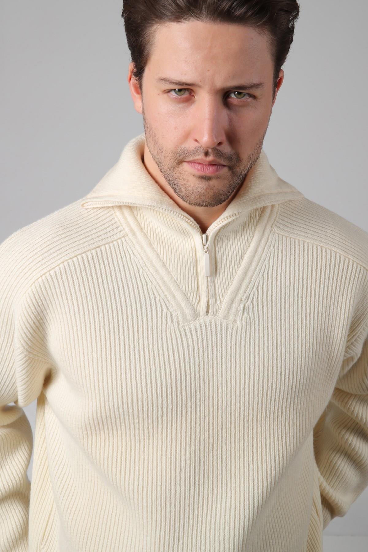 Ferraro Ekru Balıkçı Yaka Fermuarlı Fitilli Uzun Kollu %100 Kuzu Yünü Erkek Triko Kazak