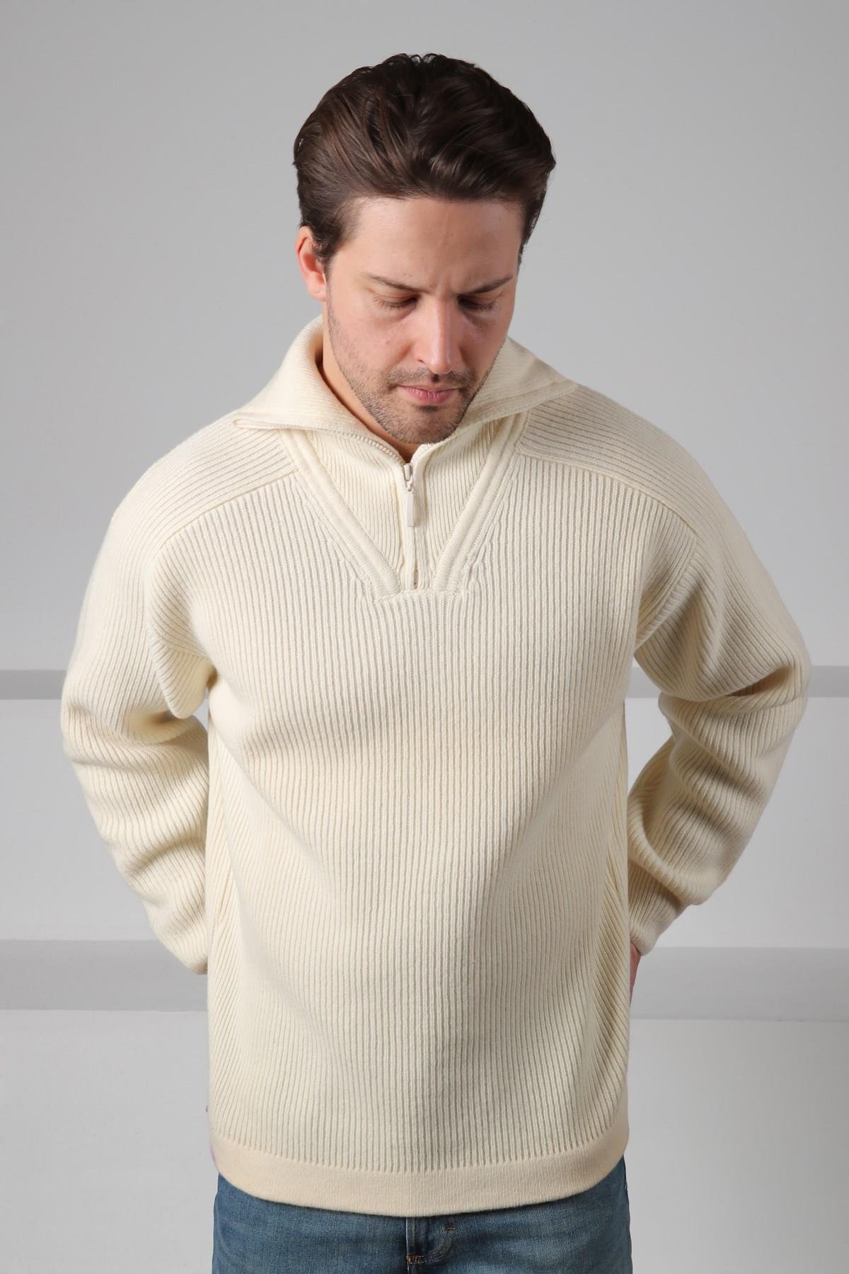 Ferraro Ekru Balıkçı Yaka Fermuarlı Fitilli Uzun Kollu %100 Kuzu Yünü Erkek Triko Kazak