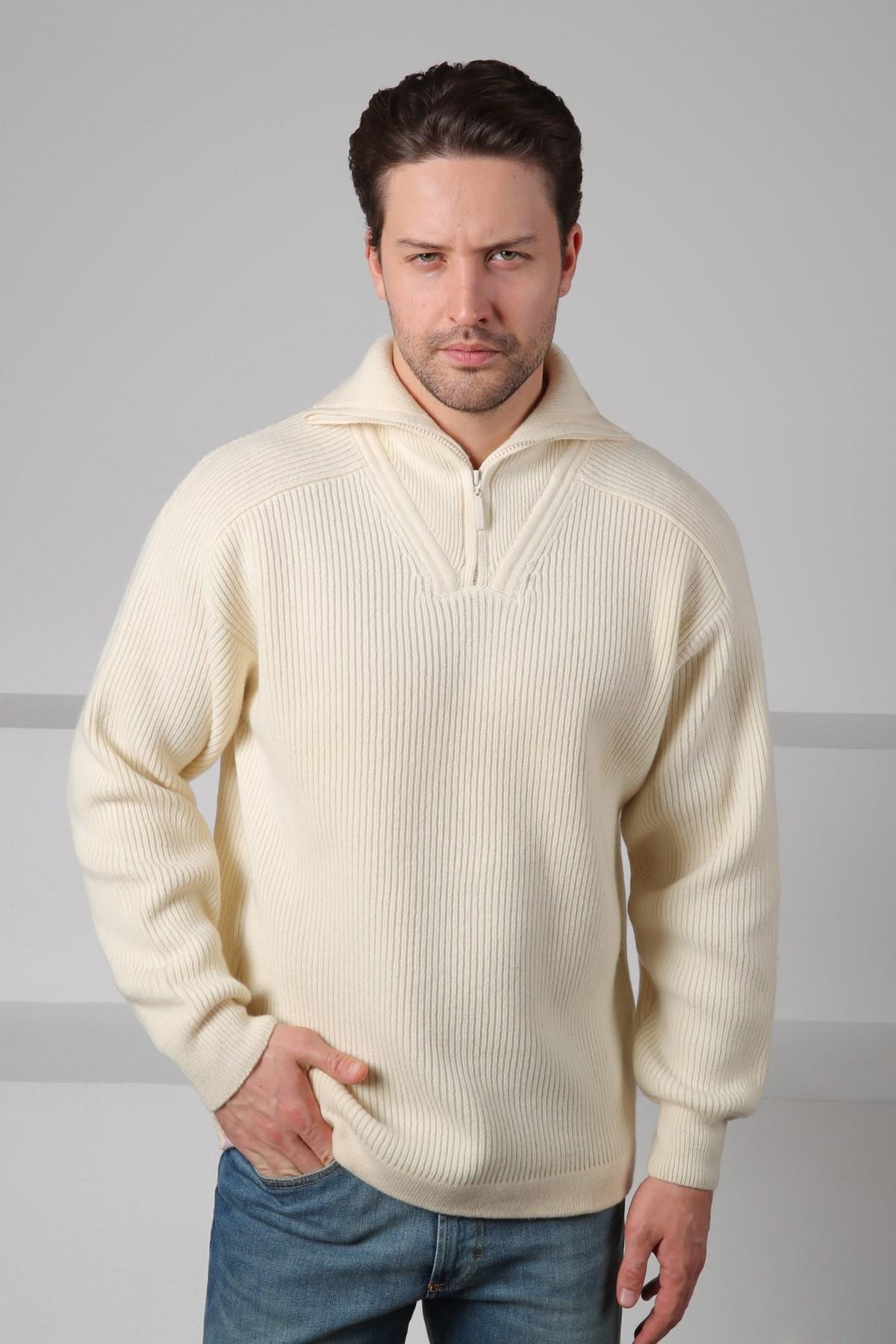 Ferraro Ekru Balıkçı Yaka Fermuarlı Fitilli Uzun Kollu %100 Kuzu Yünü Erkek Triko Kazak