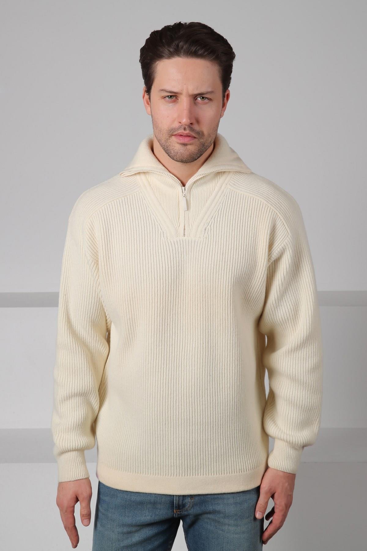 Ferraro Ekru Balıkçı Yaka Fermuarlı Fitilli Uzun Kollu %100 Kuzu Yünü Erkek Triko Kazak
