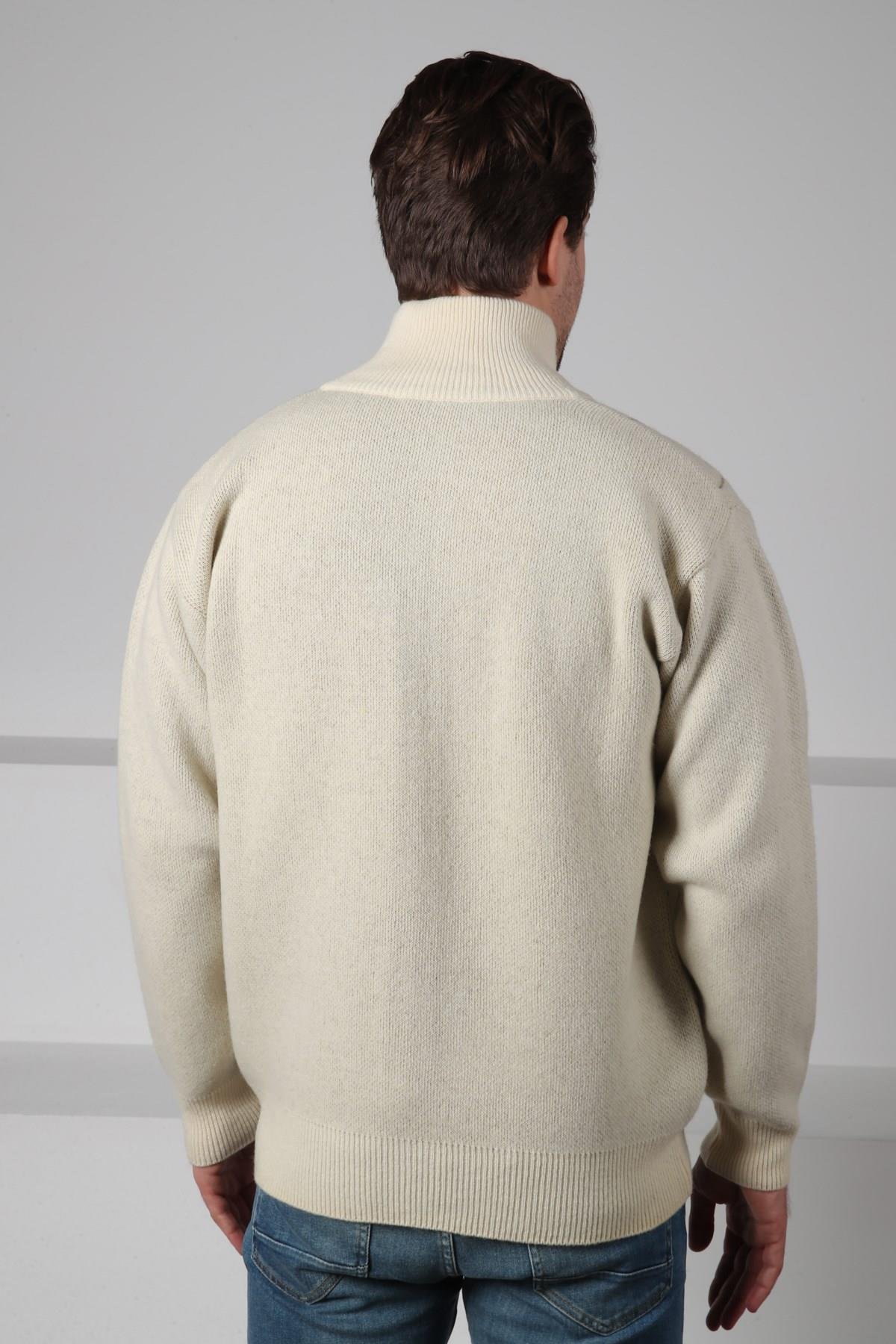 Ferraro Ekru Balıkçı Yaka Fermuarlı Geometrik Baklava Desenli Uzun Kollu %100 Kuzu Yünü Erkek Triko Ceket