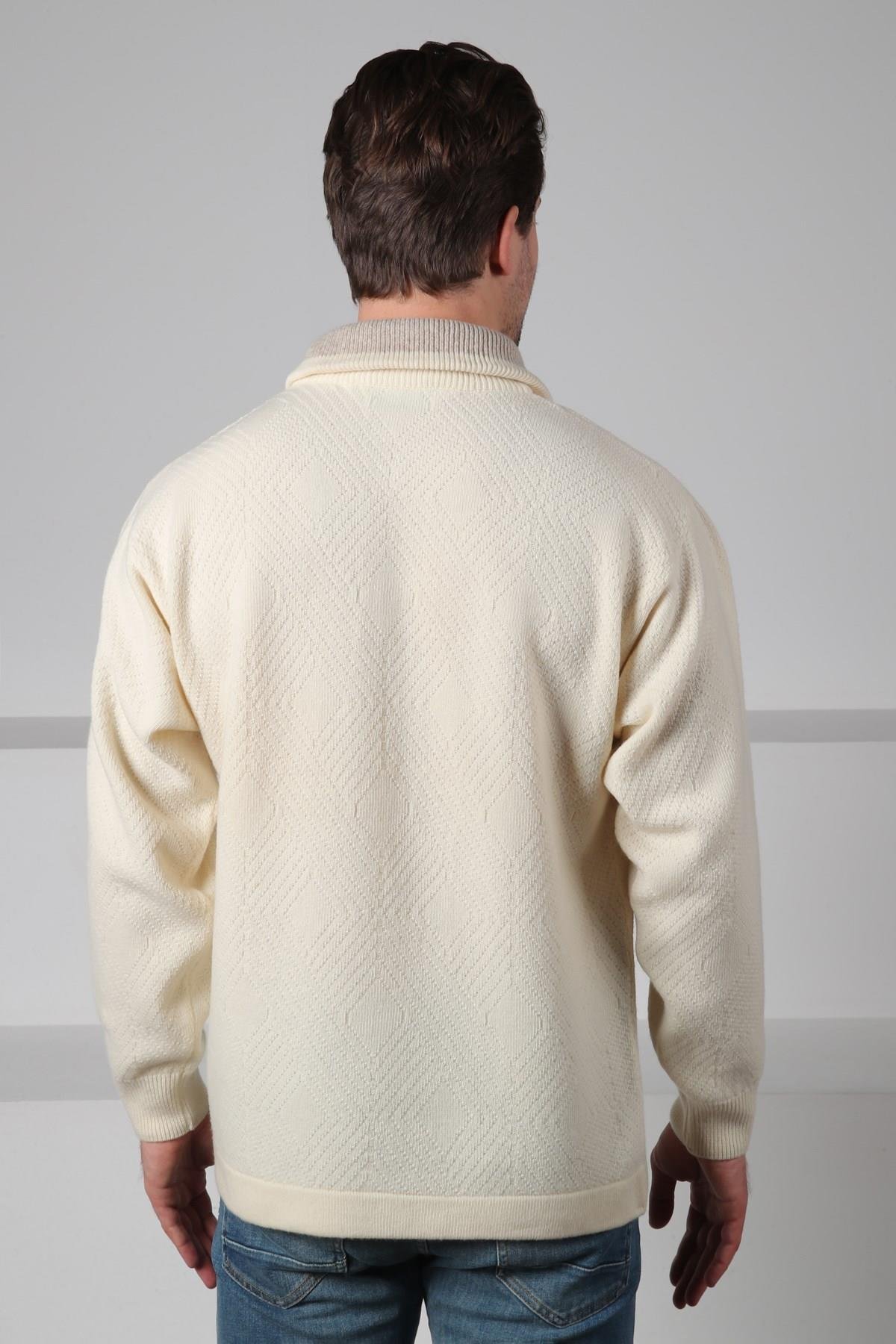 Ferraro Ekru Balıkçı Yaka Fermuarlı Kabartma Desenli Uzun Kollu %100 Kuzu Yünü Erkek Triko Kazak