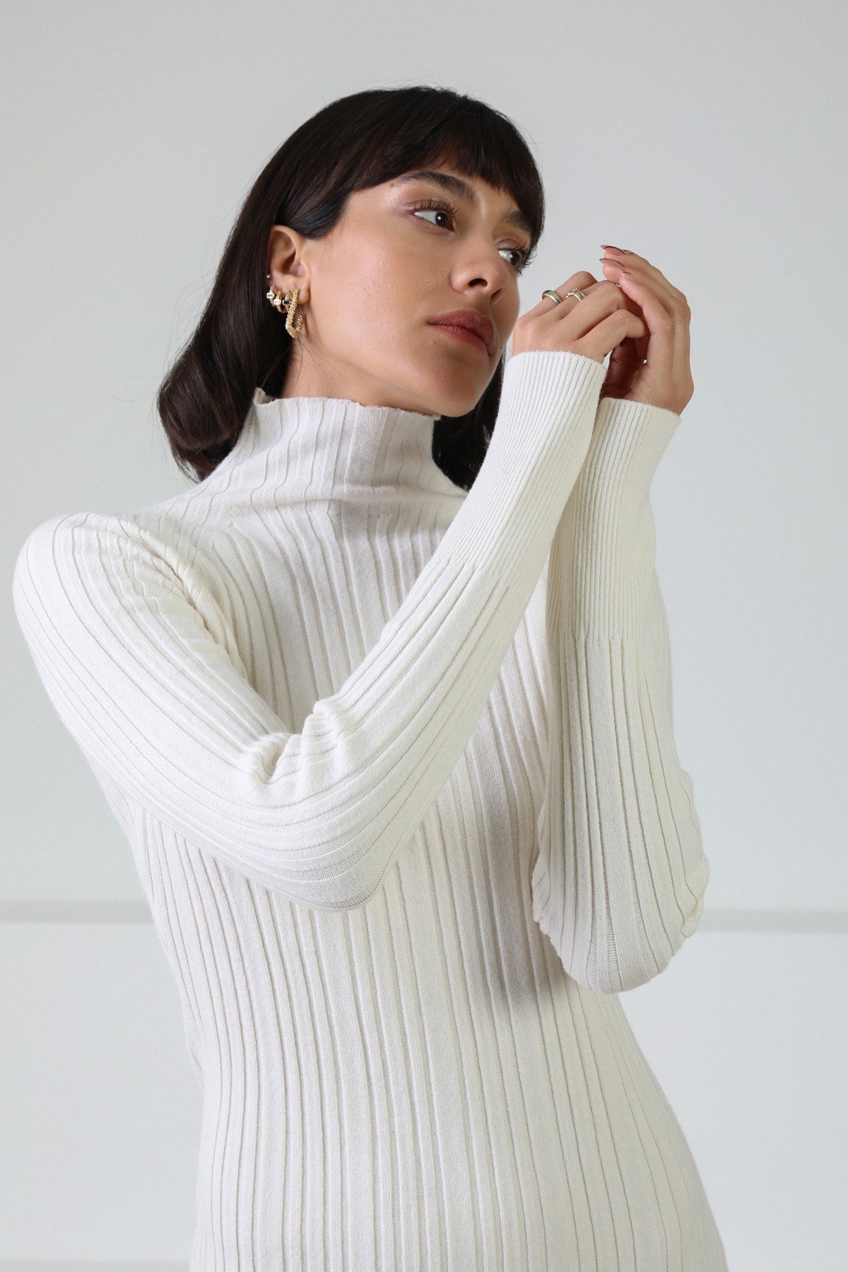 Ferraro Ekru Balıkçı Yaka Kaşmirli Kadın Triko Elbise