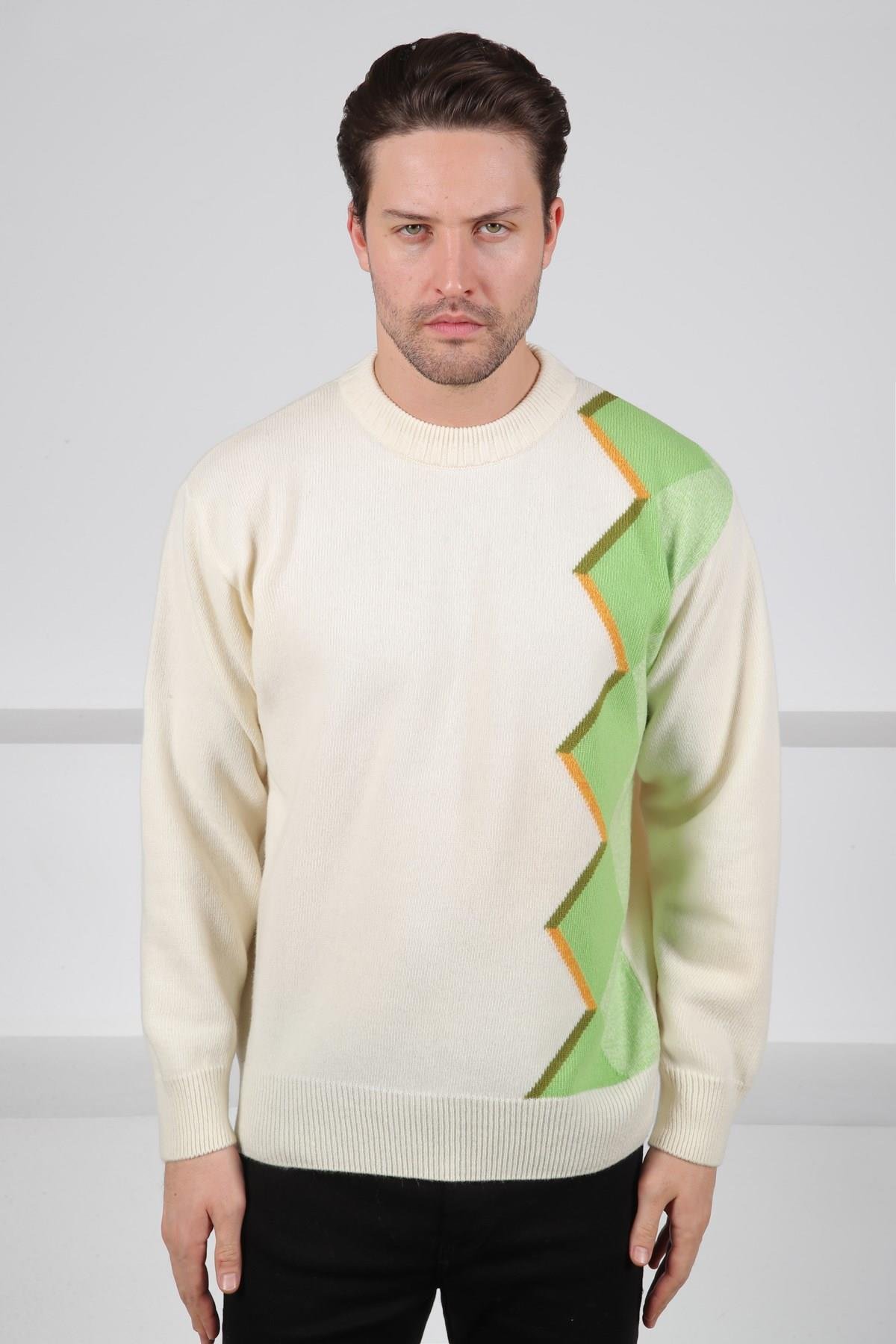 Ferraro Ekru Bisiklet Yaka Asimetrik Desenli Uzun Kollu %100 Kuzu Yünü Erkek Triko Kazak