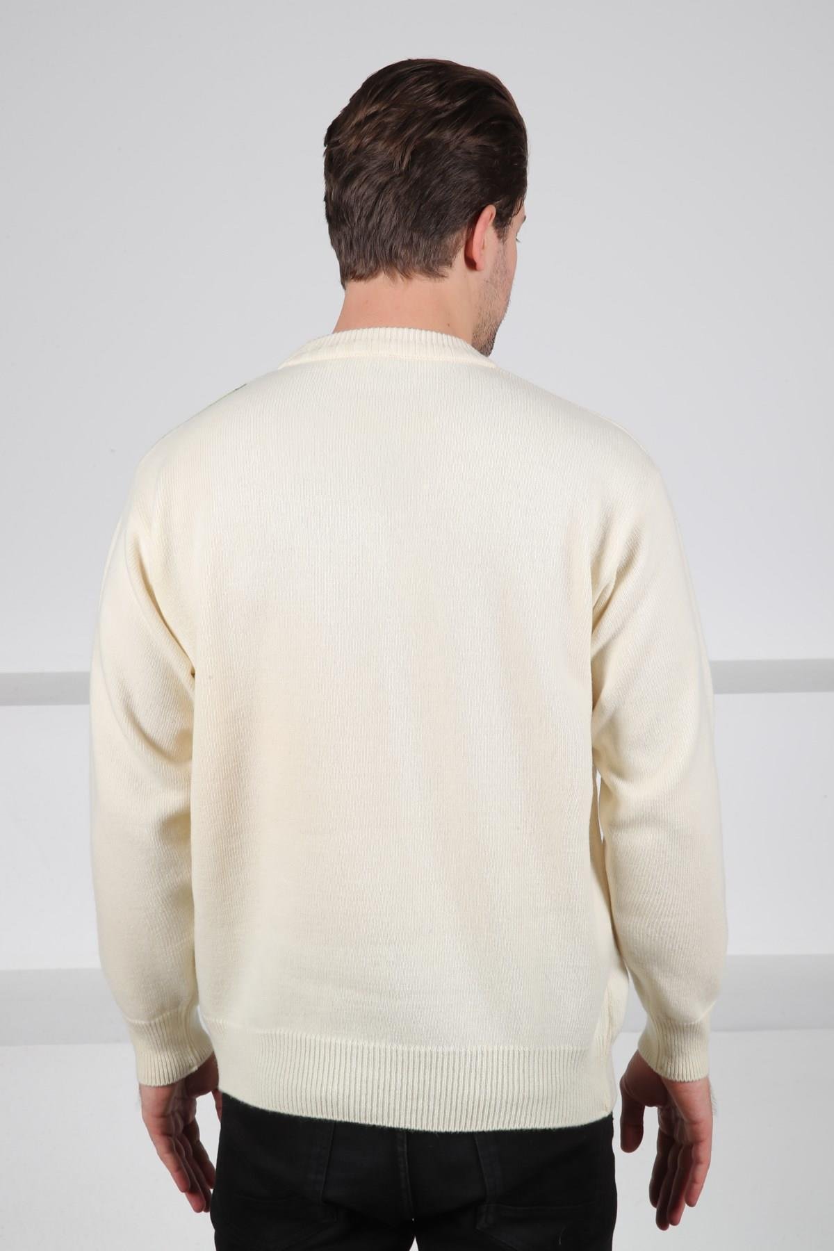 Ferraro Ekru Bisiklet Yaka Asimetrik Desenli Uzun Kollu %100 Kuzu Yünü Erkek Triko Kazak